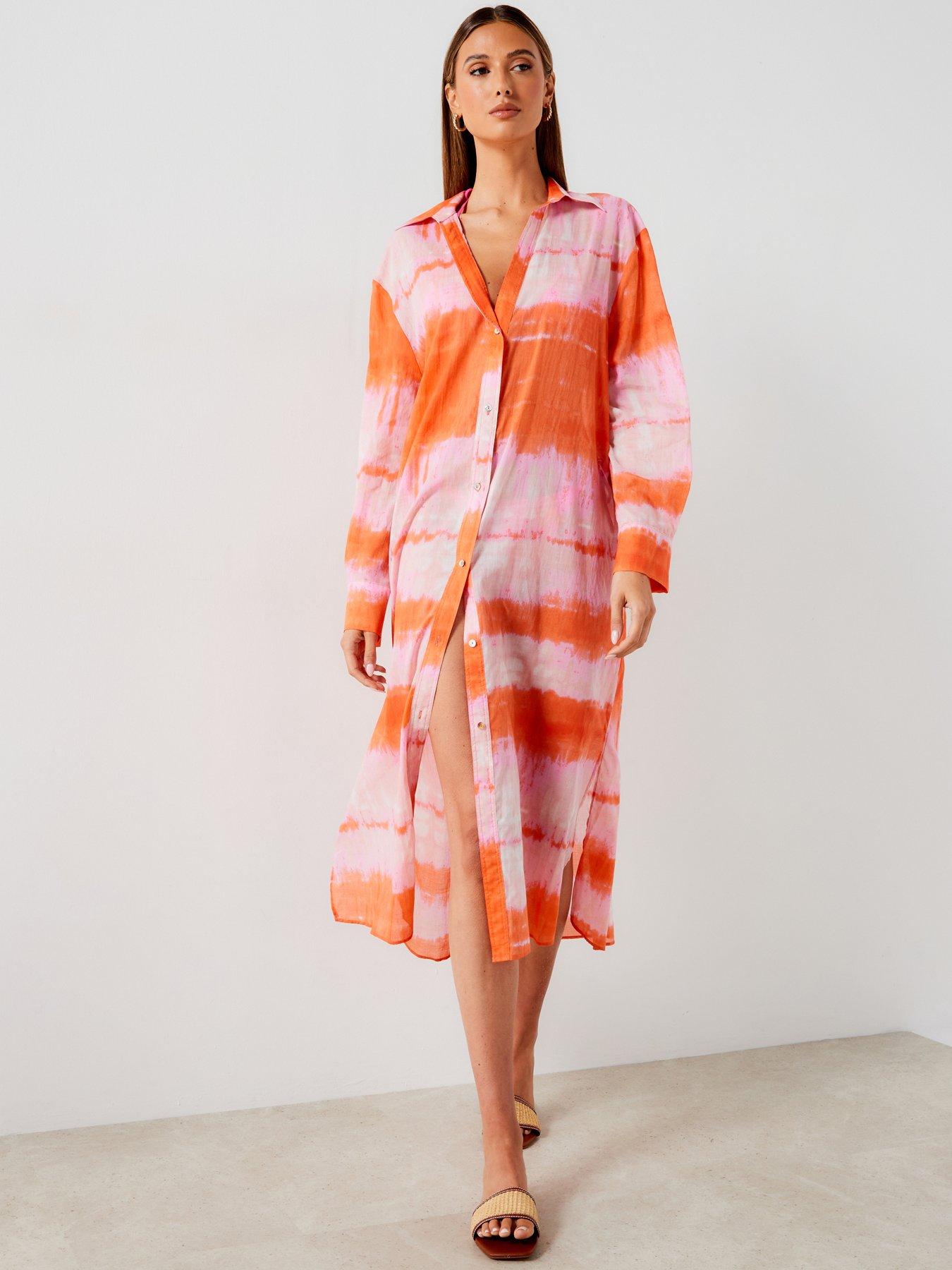 undefined Tie Dye Longline Shirt Dress Cover Up - Orange