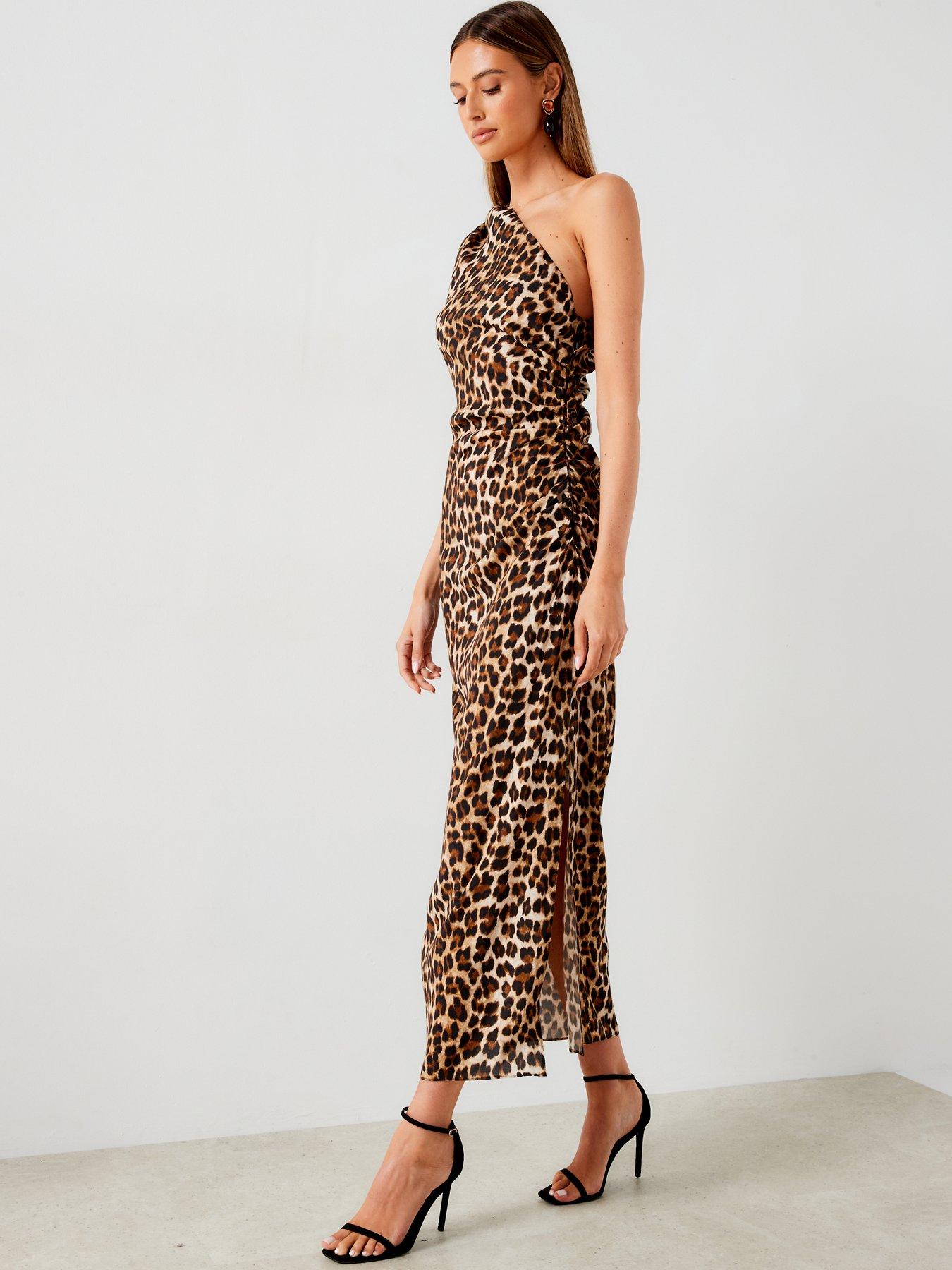 Mango Leopard One Shoulder Maxi Dress Brown