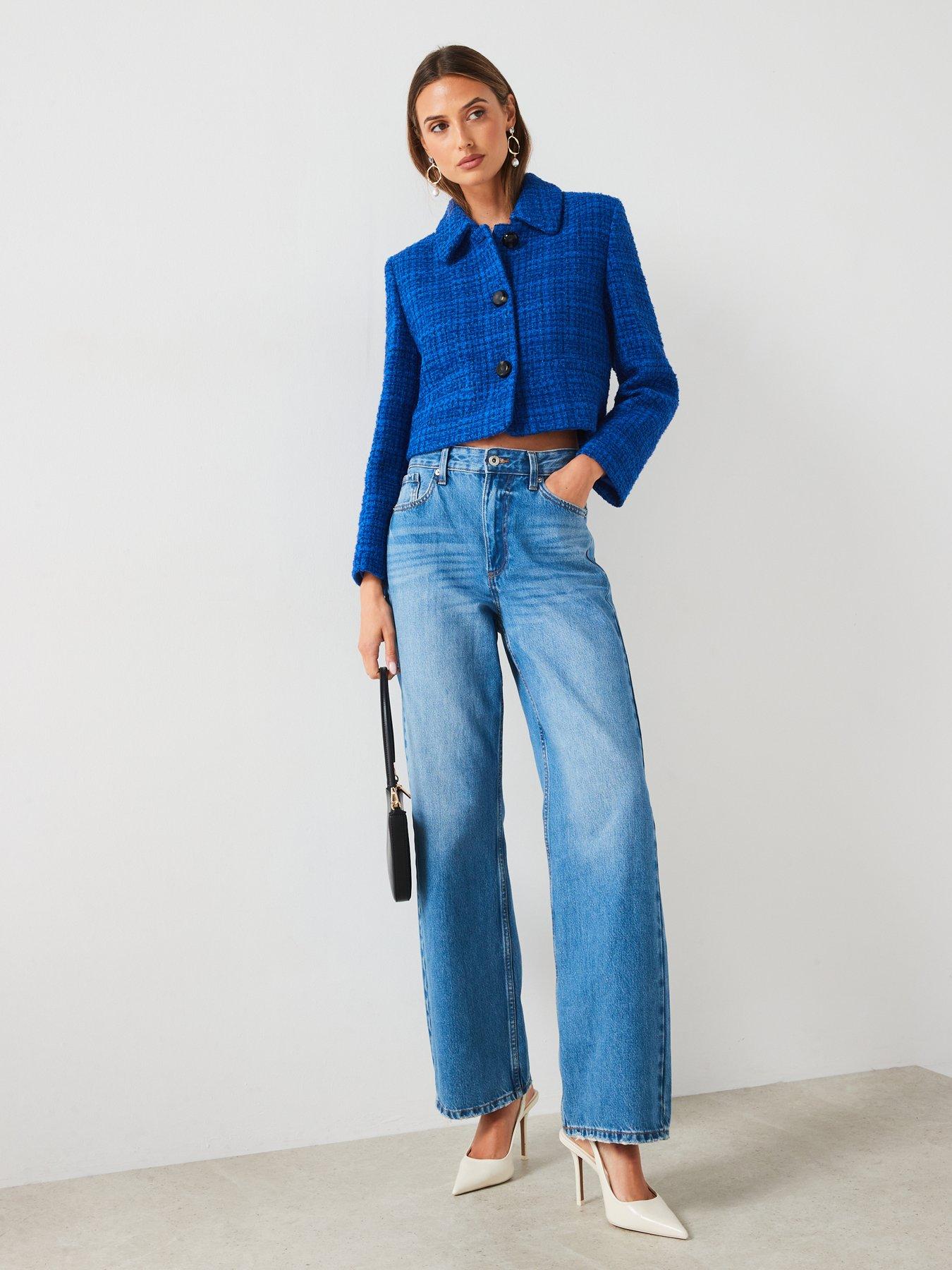 Image 3 of 6 of Mango Boucle Check Tailored Jacket - Blue