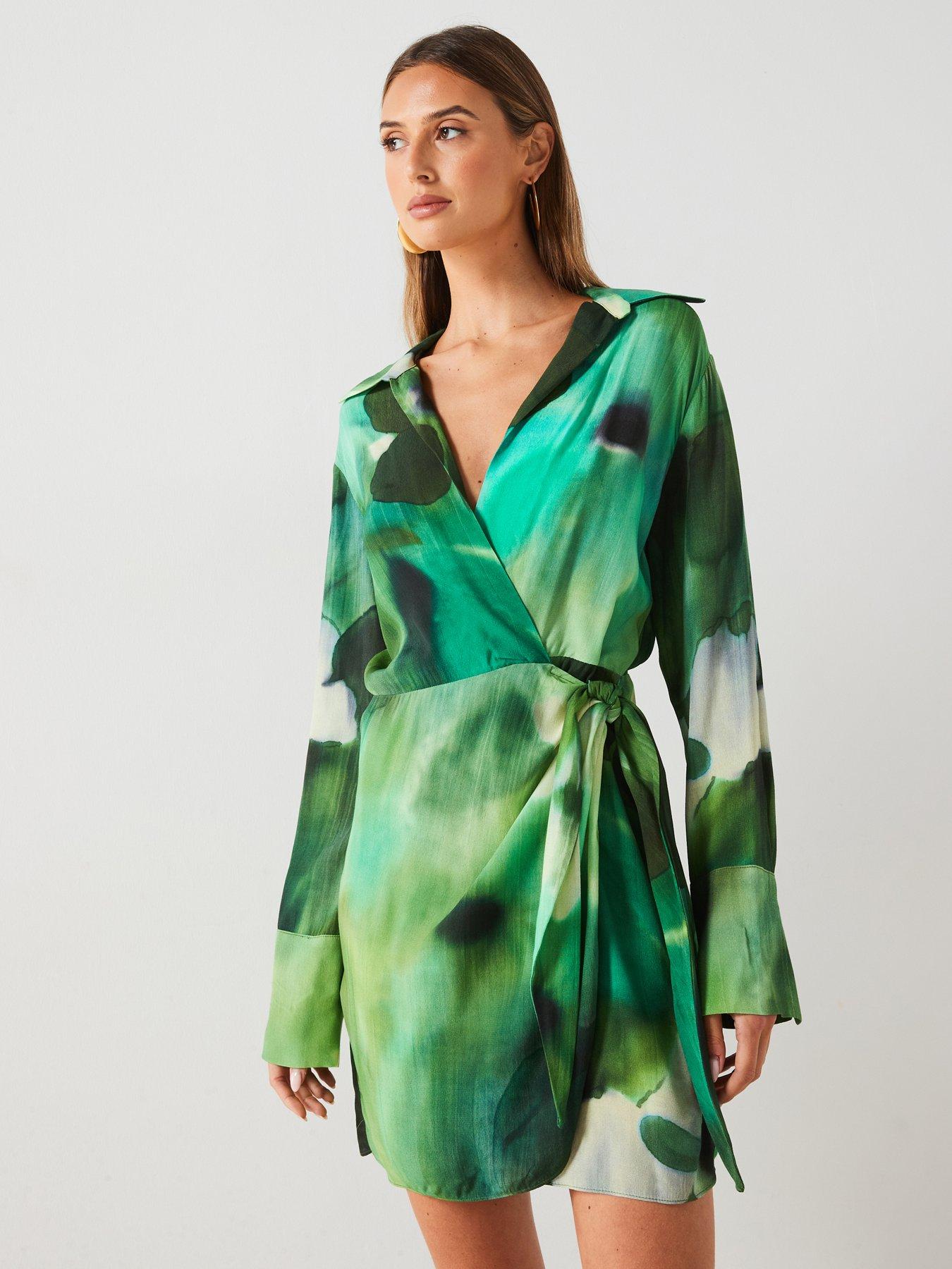 undefined Printed Tie Waist Mini Dress - Green