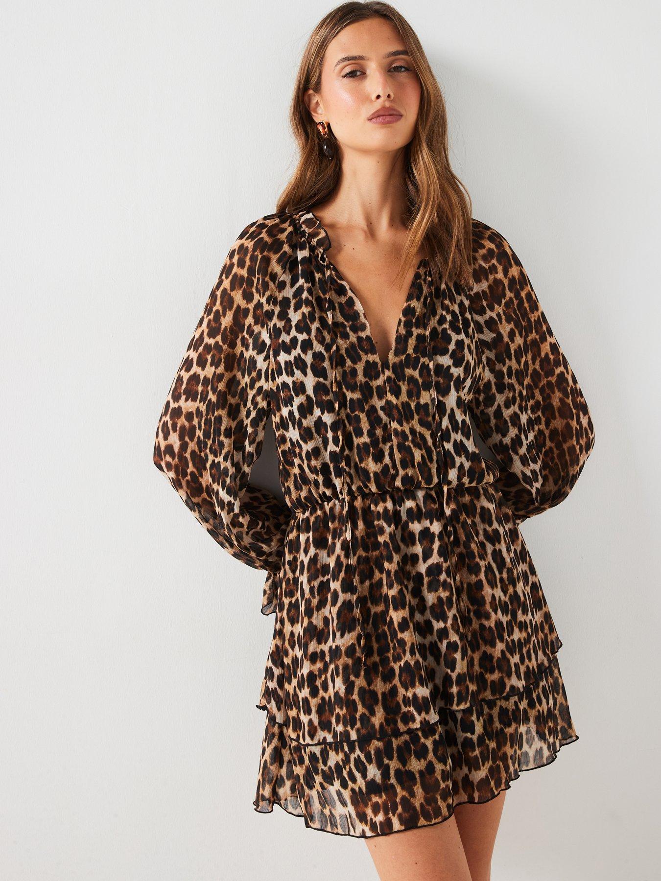 undefined Ruffle Leopard Mini Dress - Brown