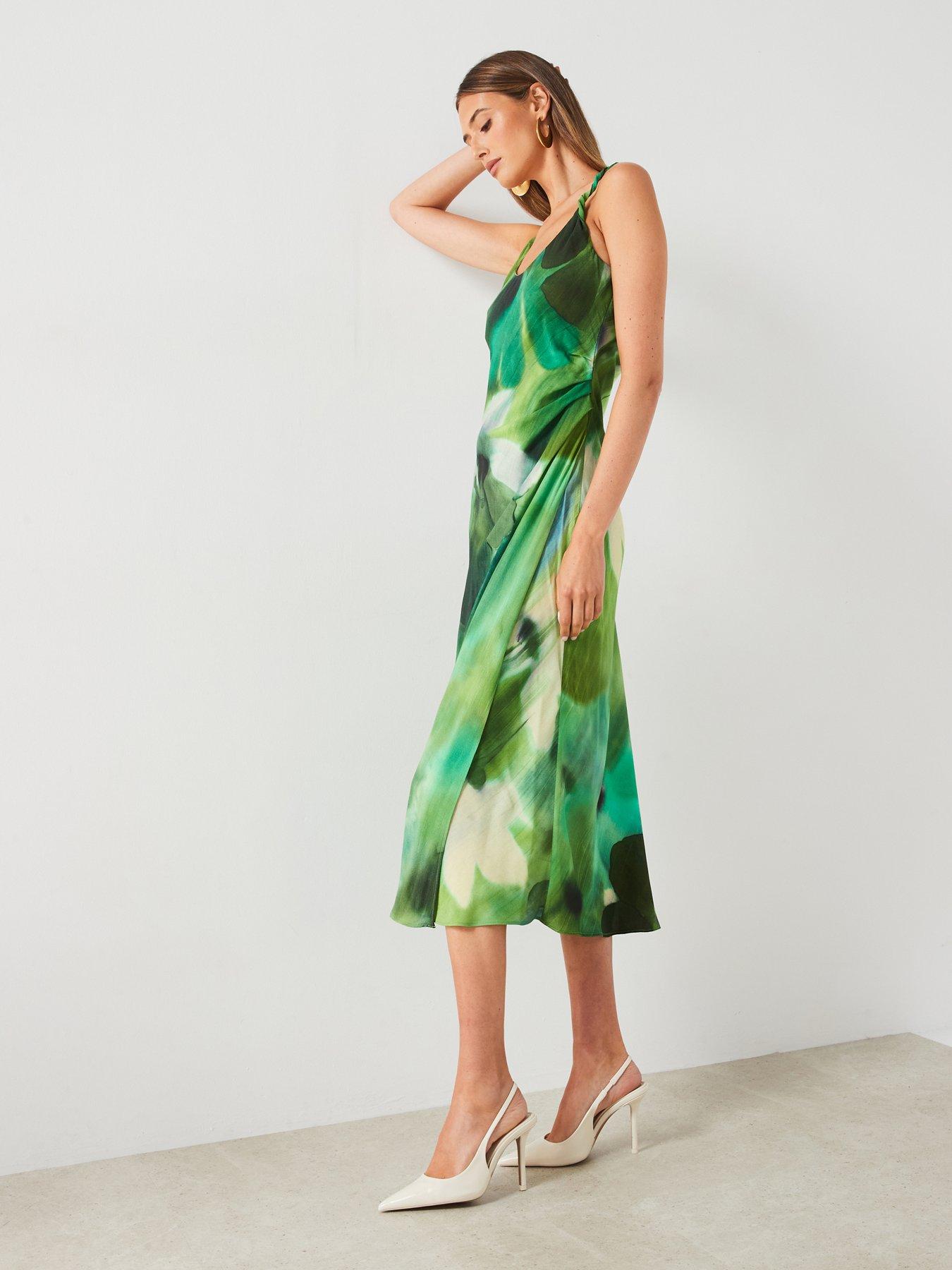 undefined Printed Pleated Waist Midi Dress - Green