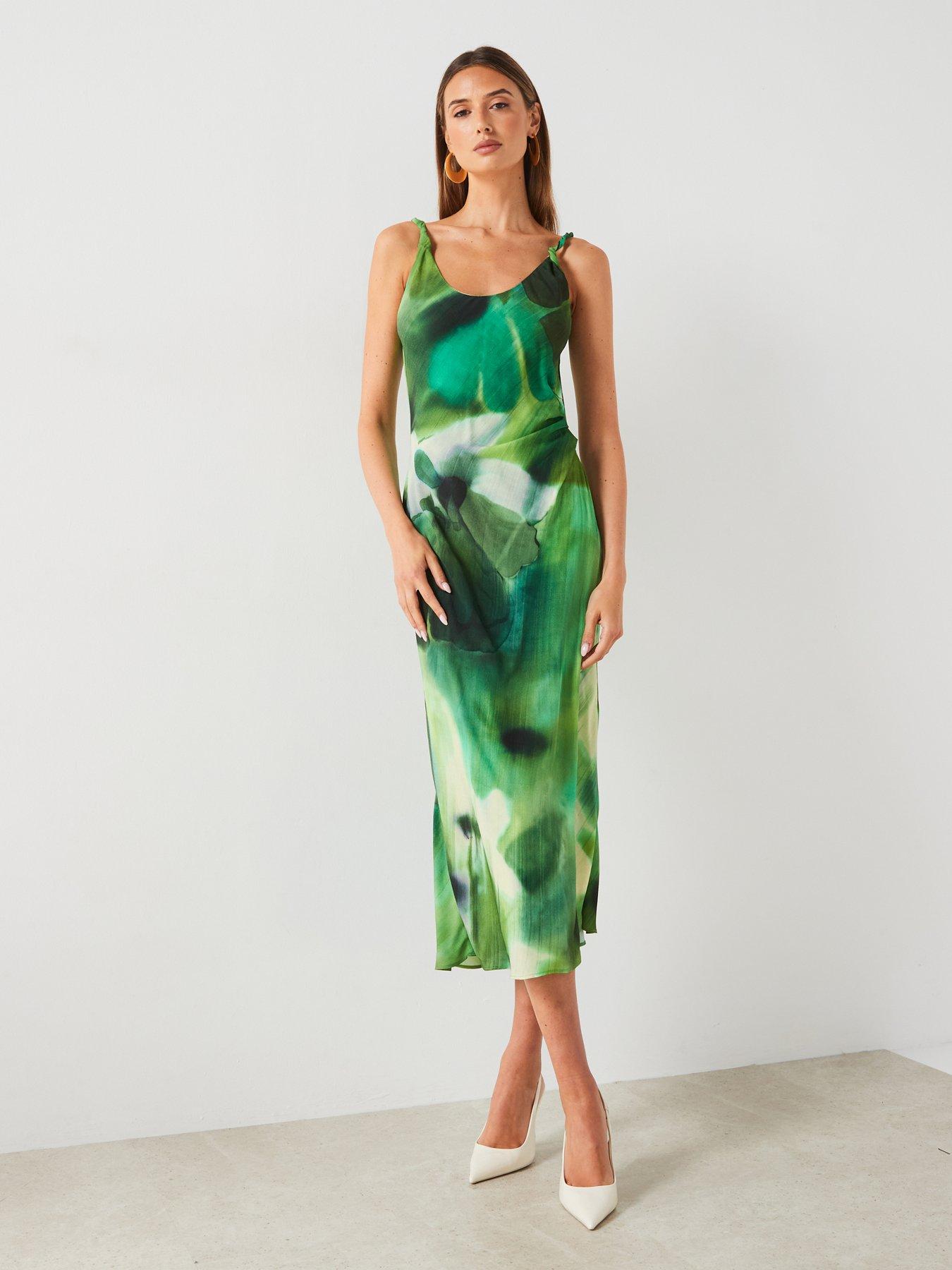 Mango Printed Pleated Waist Midi Dress - Green | Very