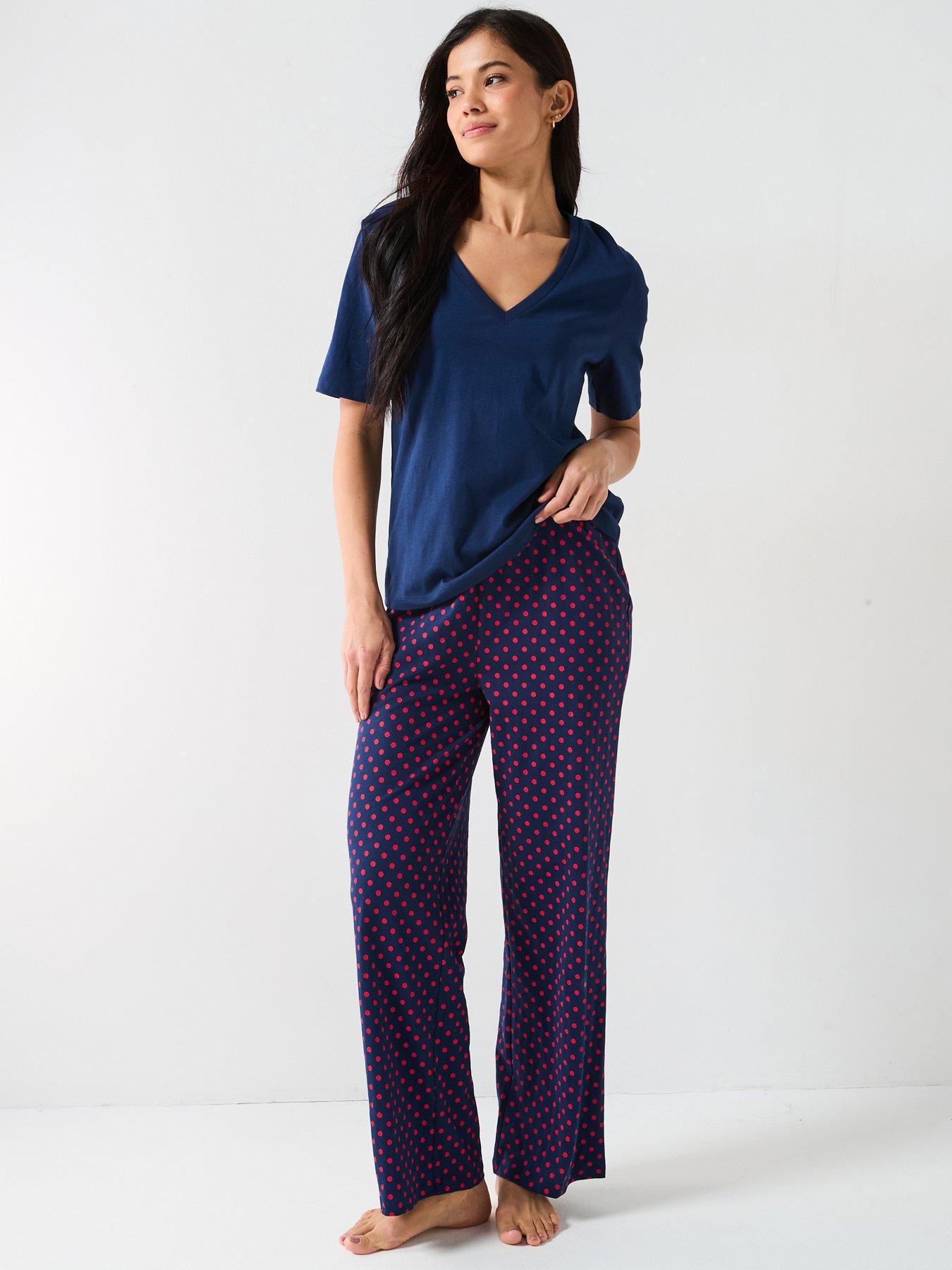 undefined V Neck Short Sleeve Top And Polka Dot Wide Leg Bottom Pj Set - Navy