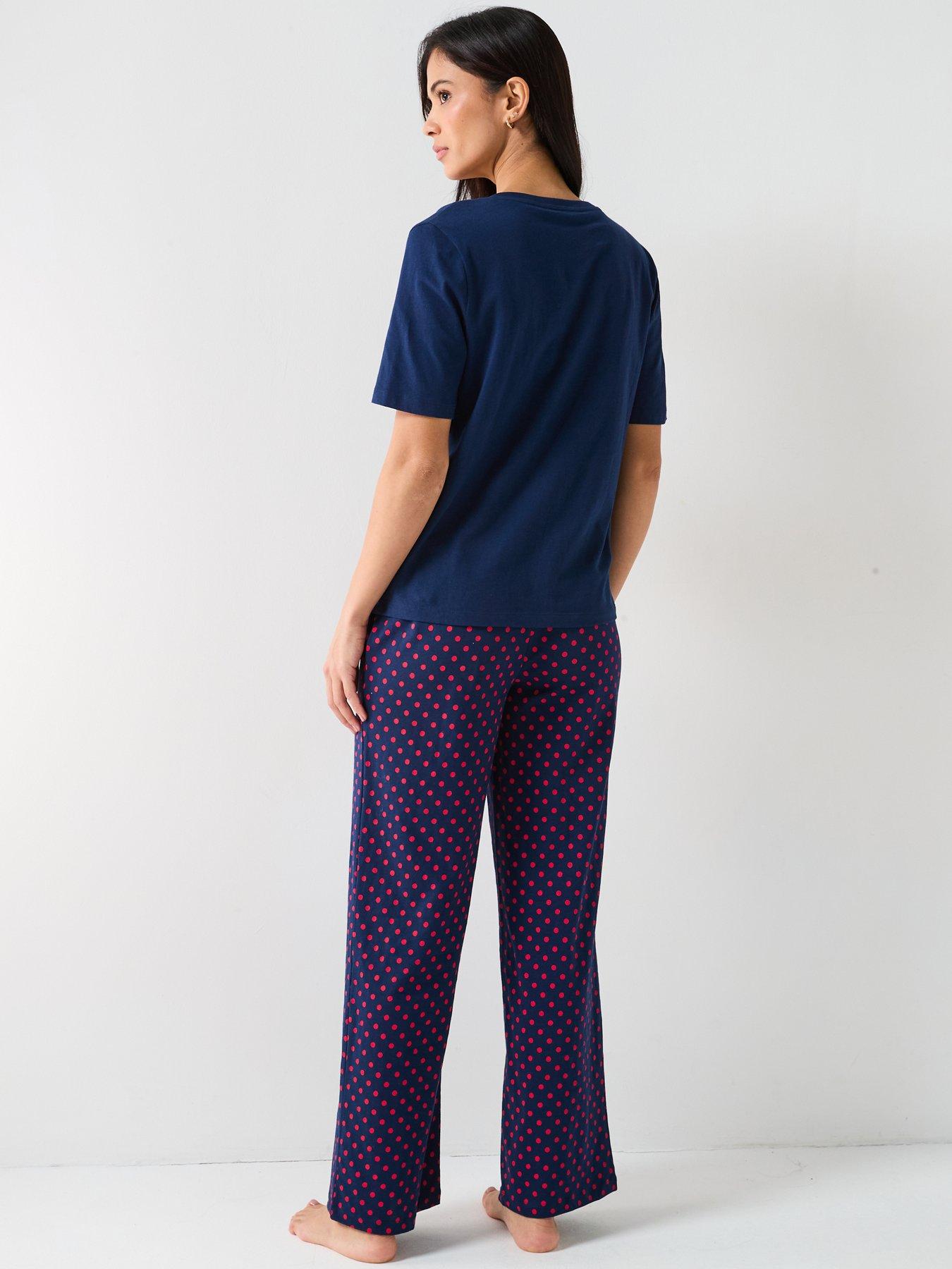 Image 2 of 6 of Everyday V Neck Short Sleeve Top And Polka Dot Wide Leg Bottom Pj Set - Navy