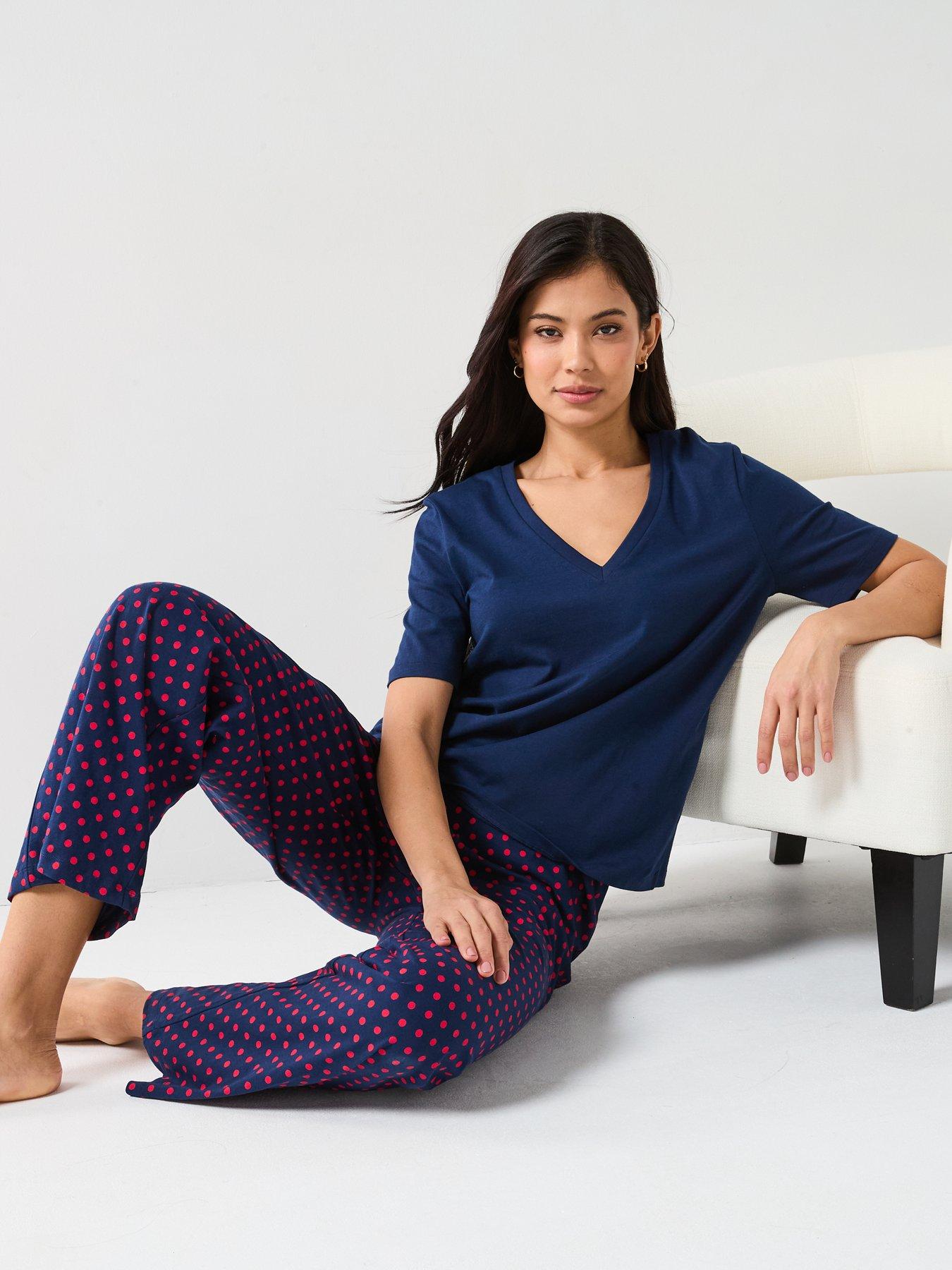 Image 3 of 6 of Everyday V Neck Short Sleeve Top And Polka Dot Wide Leg Bottom Pj Set - Navy