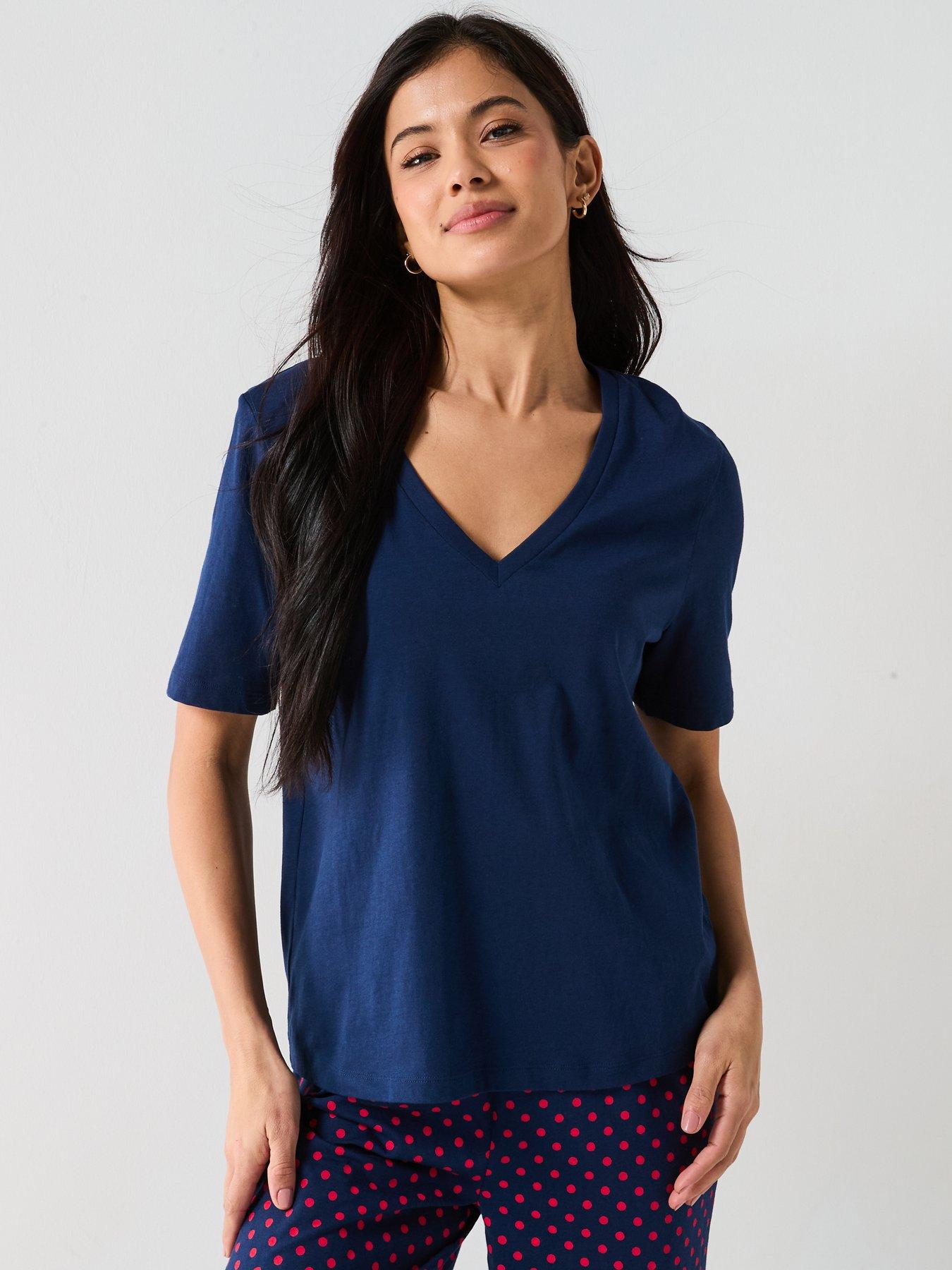 Image 4 of 6 of Everyday V Neck Short Sleeve Top And Polka Dot Wide Leg Bottom Pj Set - Navy