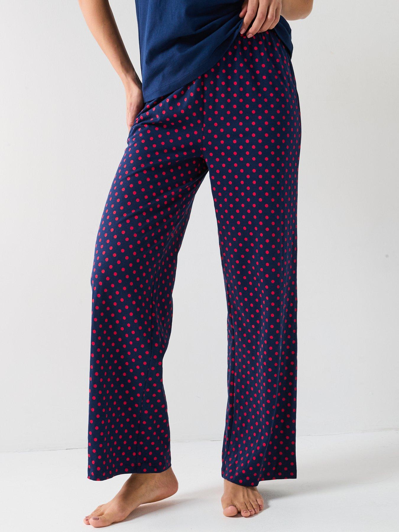 Image 5 of 6 of Everyday V Neck Short Sleeve Top And Polka Dot Wide Leg Bottom Pj Set - Navy