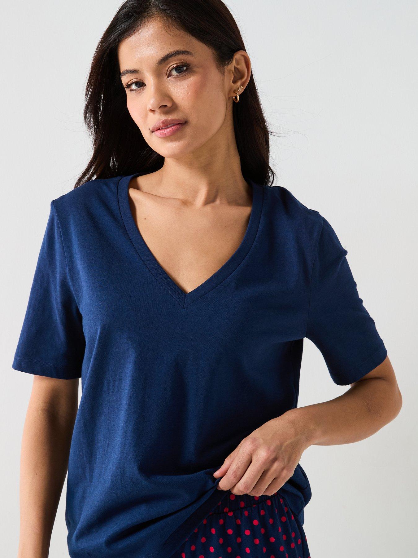 Image 6 of 6 of Everyday V Neck Short Sleeve Top And Polka Dot Wide Leg Bottom Pj Set - Navy