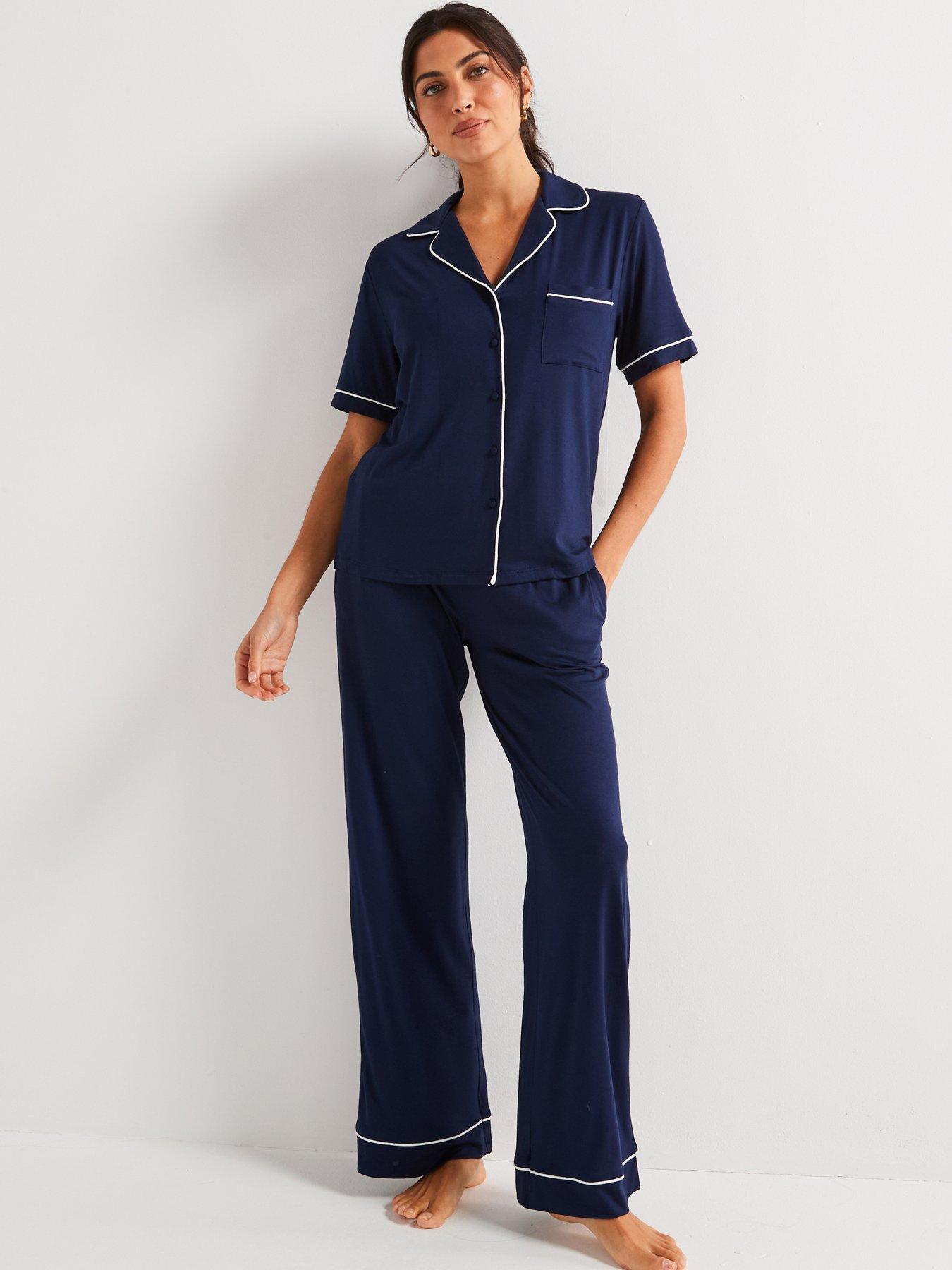 undefined Short Sleeve Wide Leg Revere Set - Navy