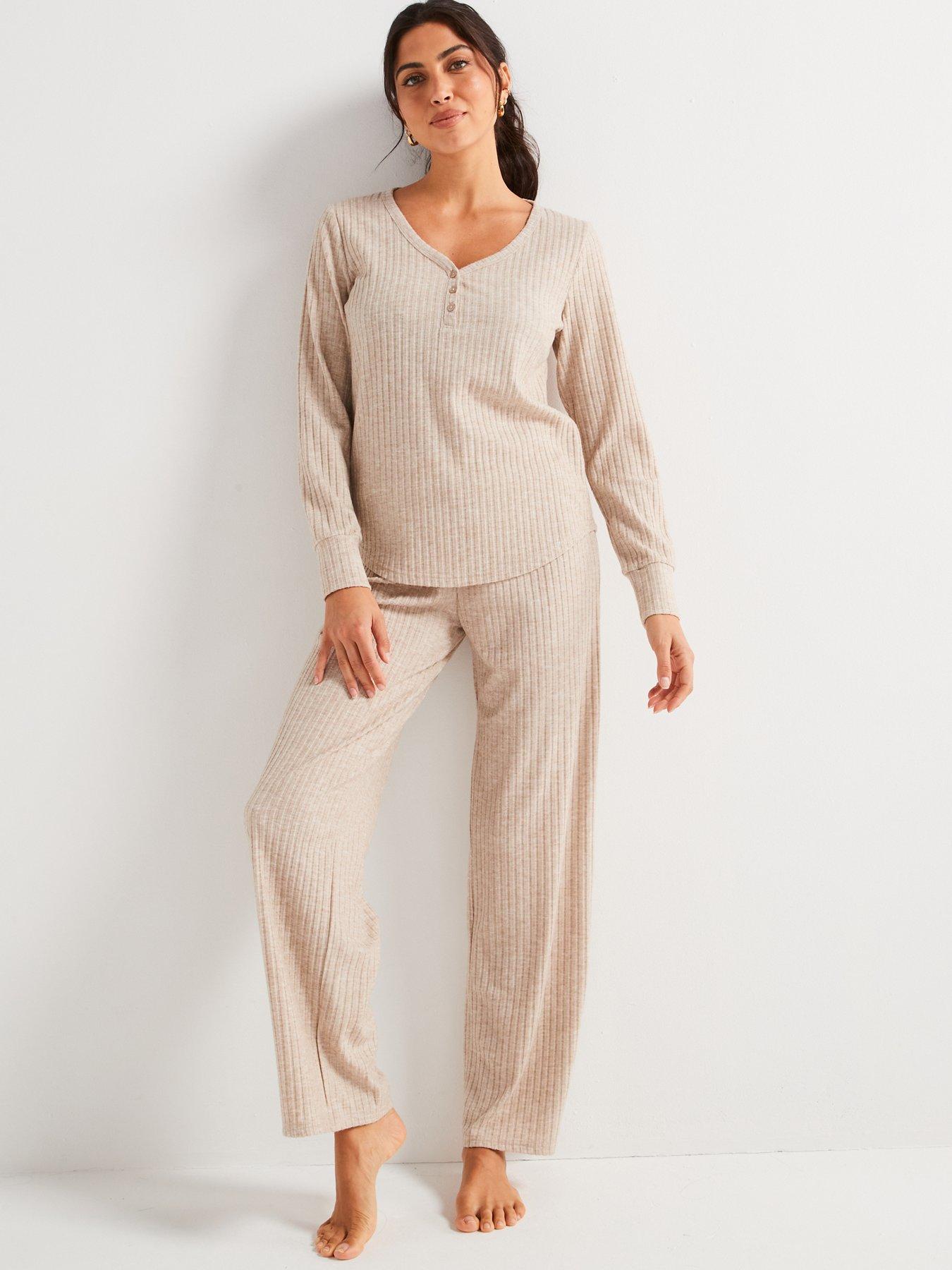 undefined Ribbed Henley Long Sleeve And Wide Leg Pj Set