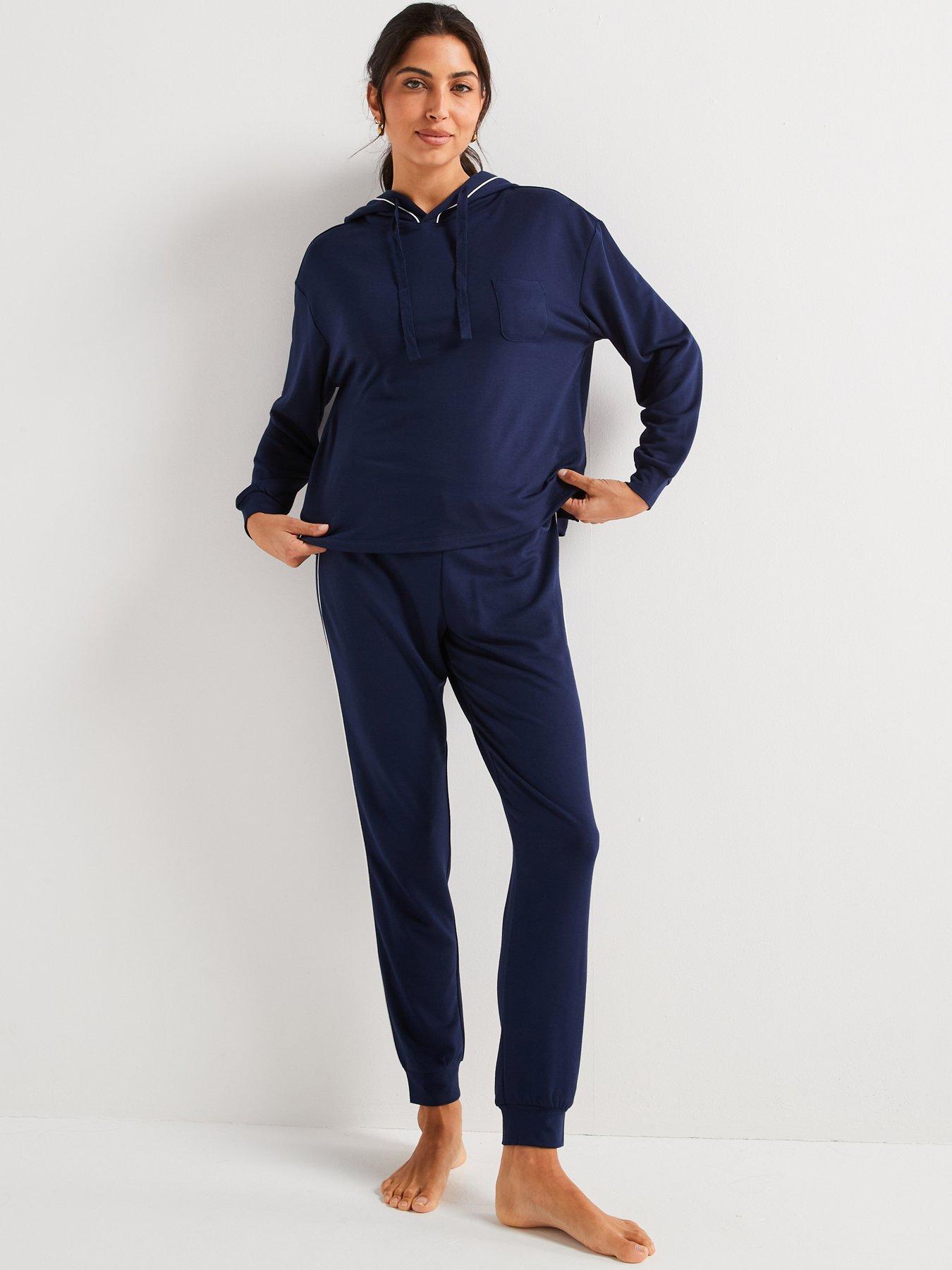 undefined Contrast Piping Hooded Loungewear Set - Navy