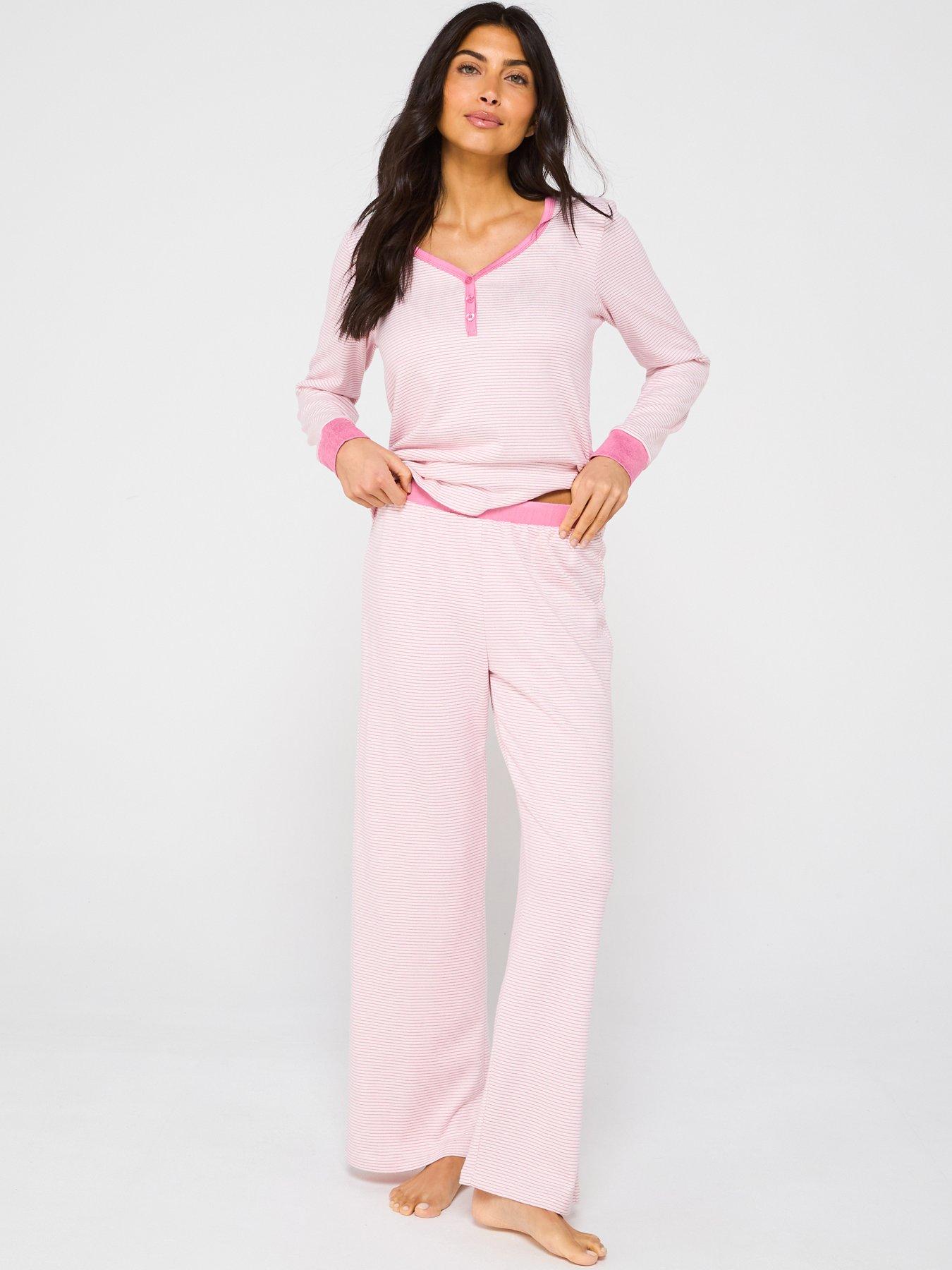 Image 1 of 6 of V by Very Stripe Henley Long Sleeve And Jogger Pj Set - Pink