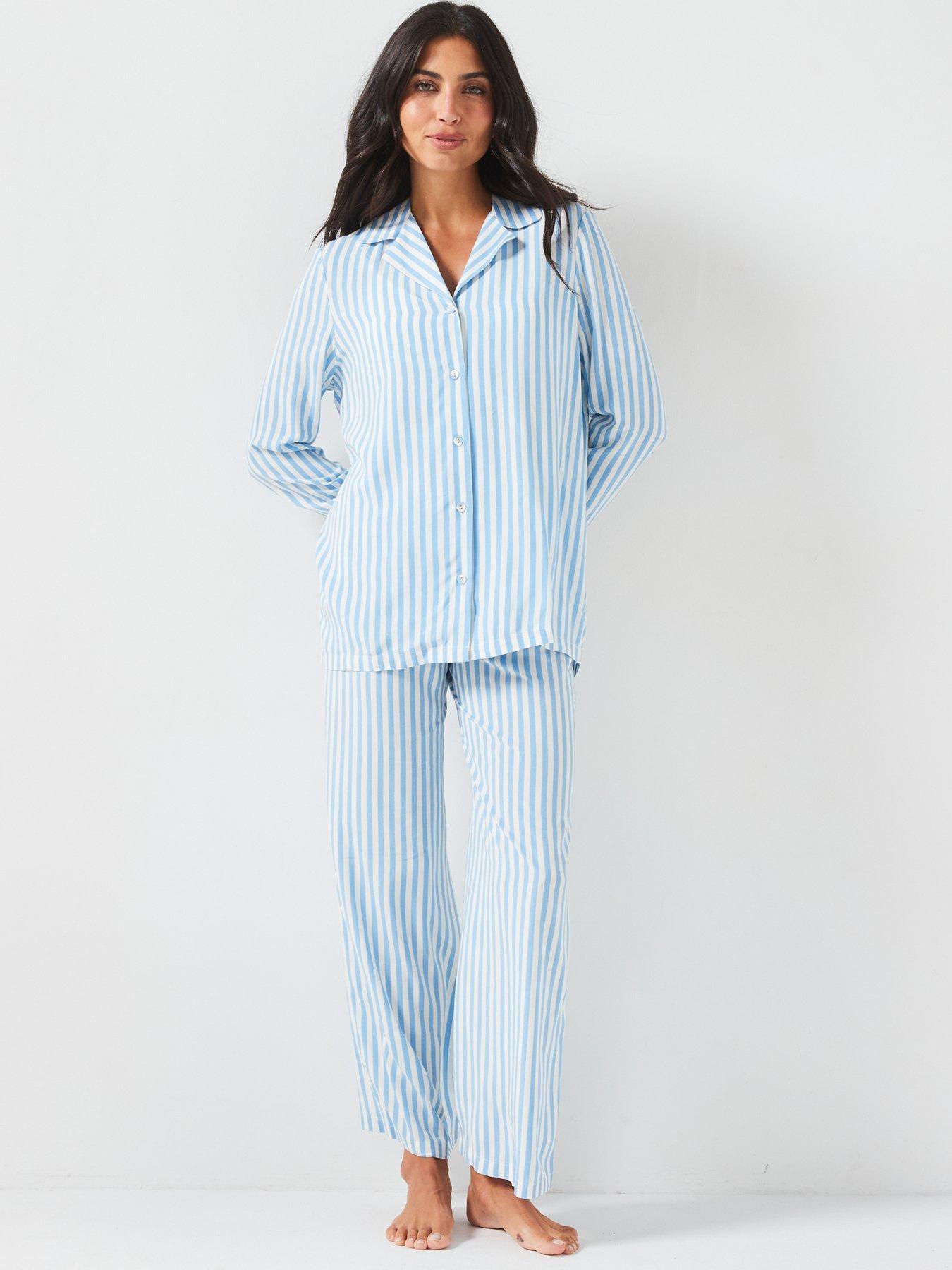 undefined Woven Long Sleeve Stripe Revere Set - Blue