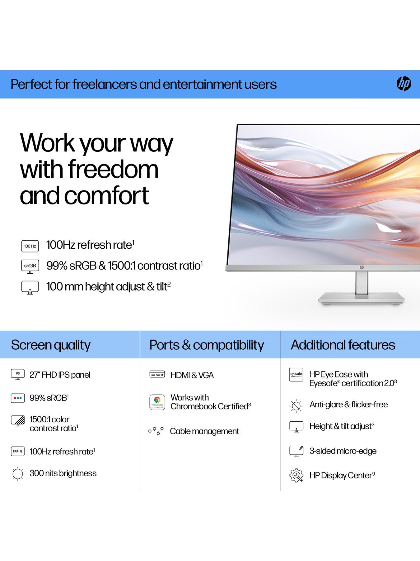 Image 4 of 8 of HP Series 5 -527sh Monitor - 27in IPS Full HD - 100hz - height &amp; tilt-adjust stand - Silver/Black