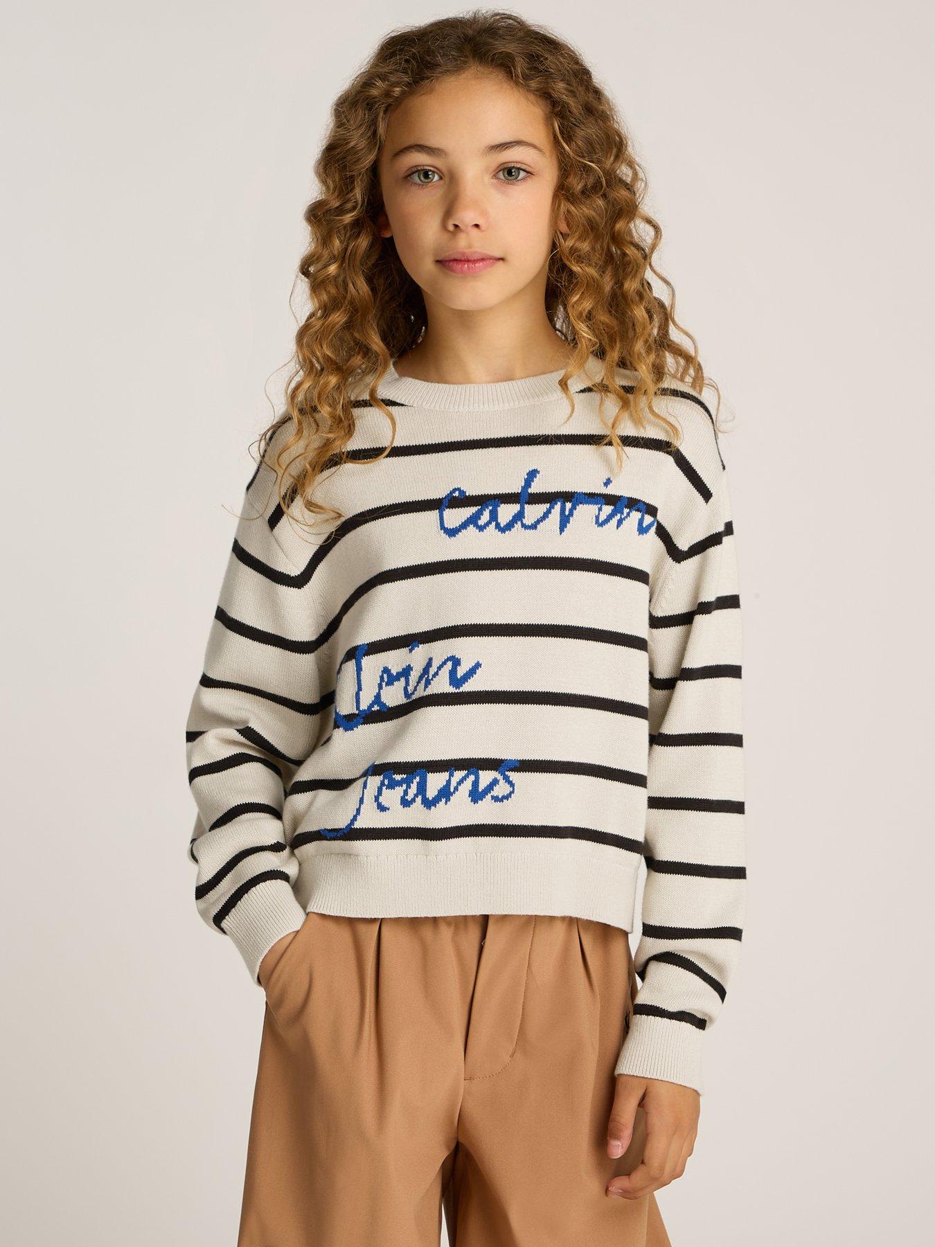 undefined Girls Stripe Handwriting Logo Sweater - Beige
