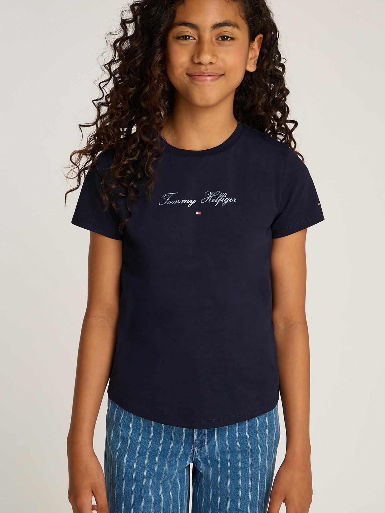 undefined Girls Script Slim Short Sleeve T-Shirt - Navy