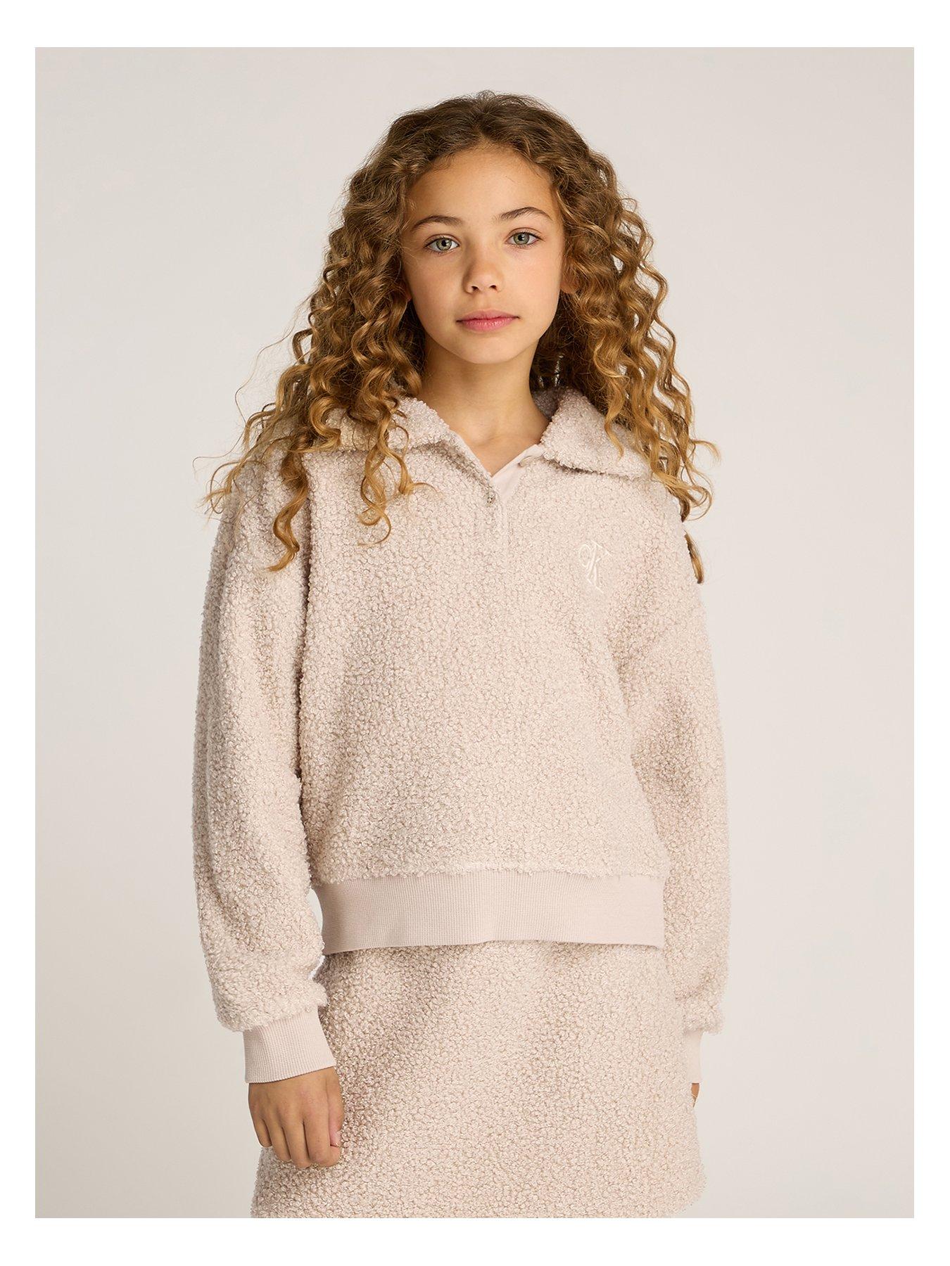 Image 1 of 4 of Calvin Klein Jeans Girls Fluffy Polo Collar Sweat Top - Beige