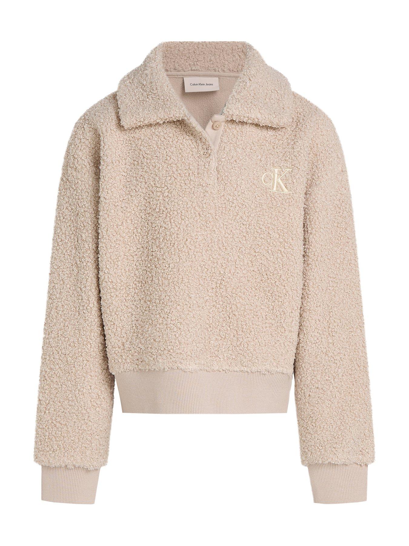 Image 4 of 4 of Calvin Klein Jeans Girls Fluffy Polo Collar Sweat Top - Beige