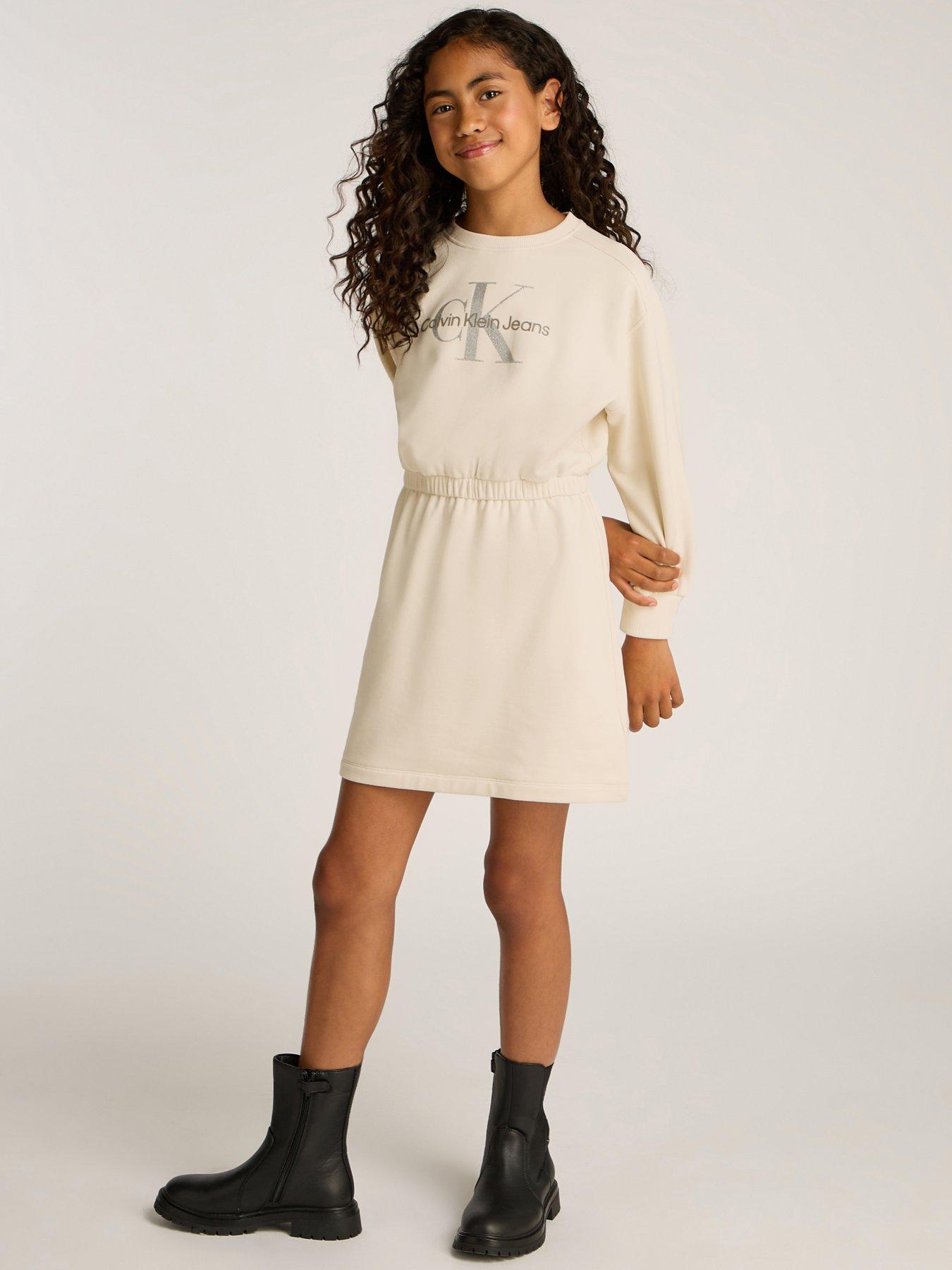 undefined Girls Glitter Monologo Sweat Dress - Beige