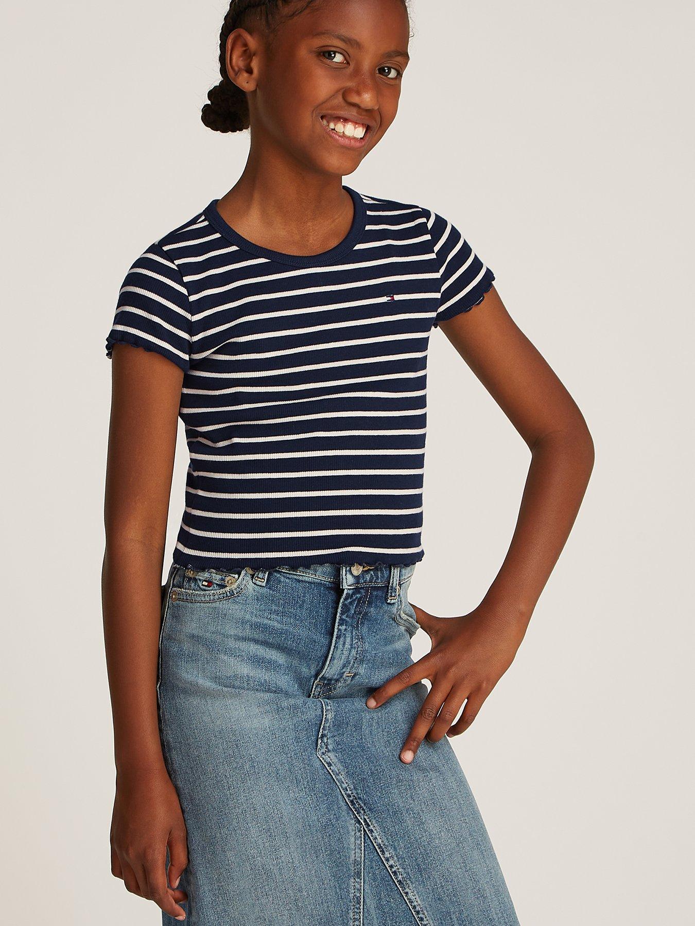 undefined Girls Rib Knit Stripe Short Sleeve Top - Navy