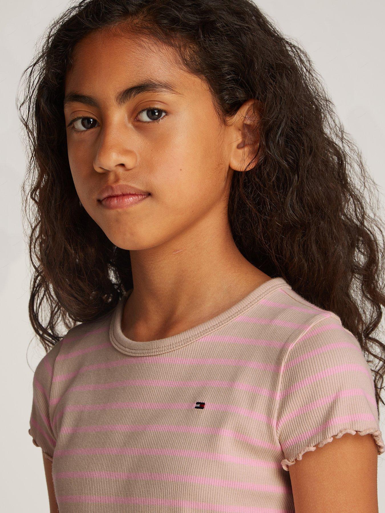 Image 3 of 4 of Tommy Hilfiger Girls Rib Knit Stripe Short Sleeve Top - Multi