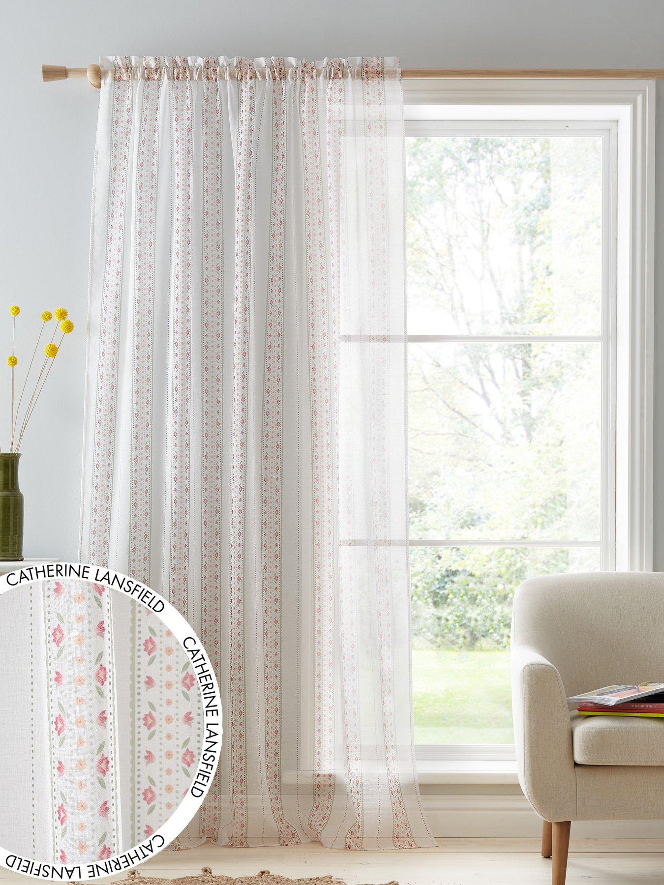 Product photograph of Catherine Lansfield Floral Stripe Slot Top Voile Curtain Panel White 140x137cm from very.co.uk