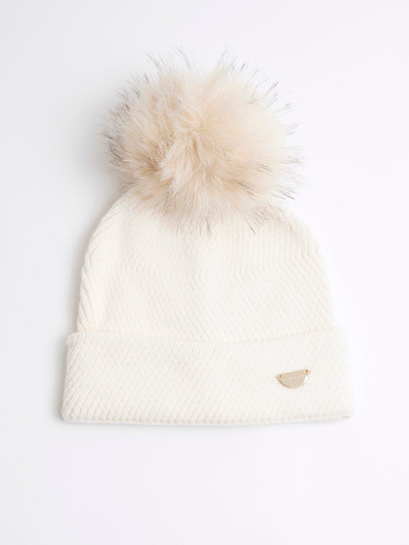 undefined Girls Oversized Pom Pom Beanie - Cream