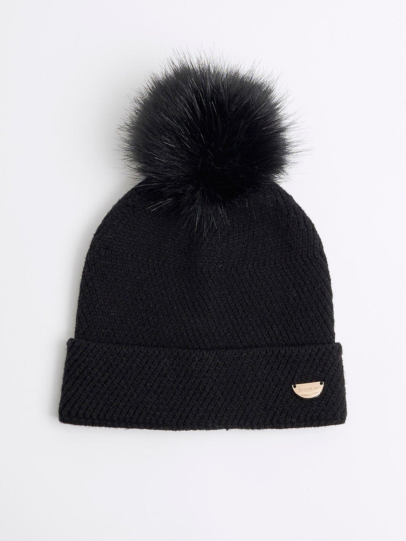 undefined Girls Oversized Pom Pom Beanie - Black