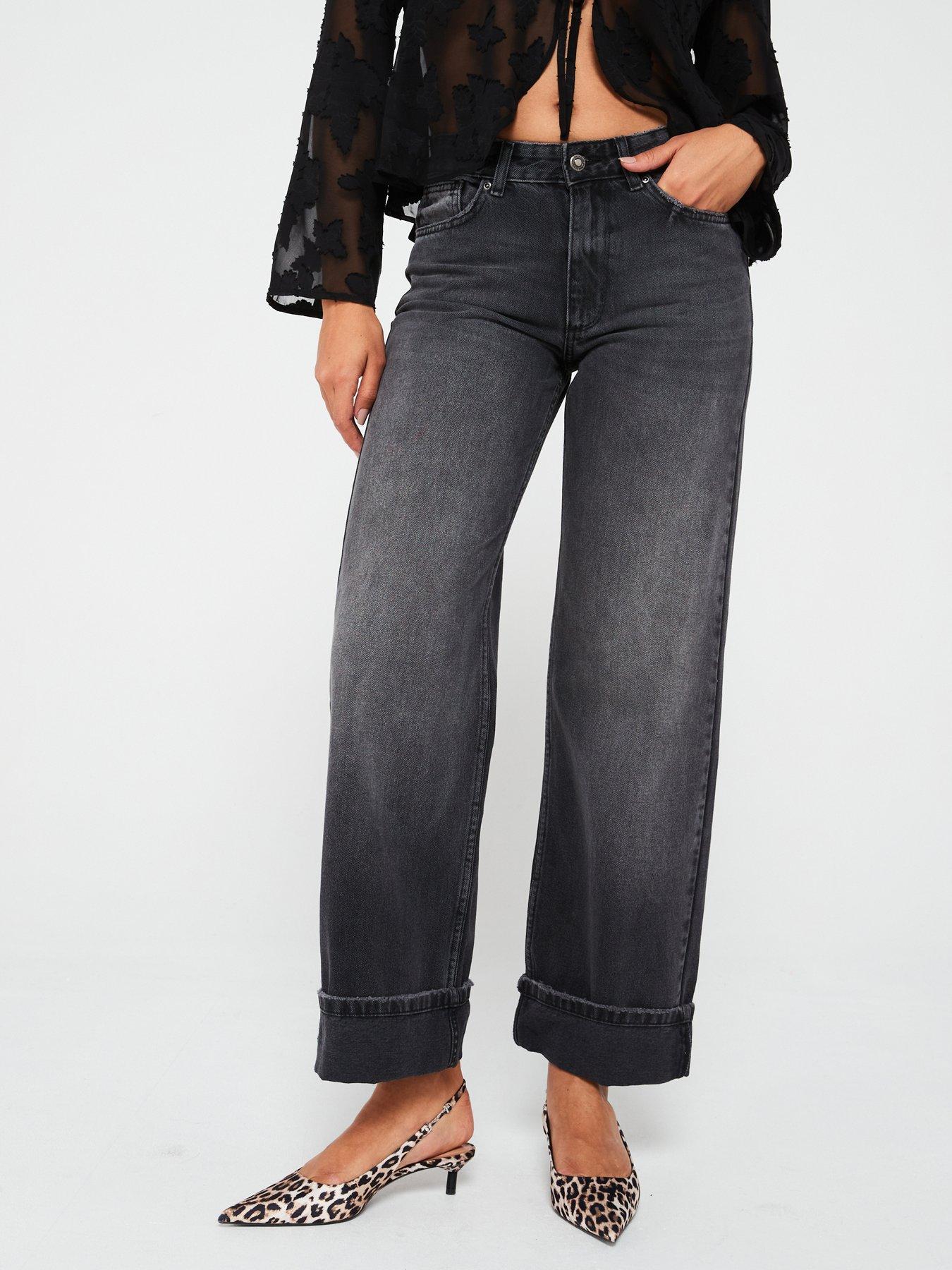 undefined Ella Midi Waist Wide Fold Up Jean - Black