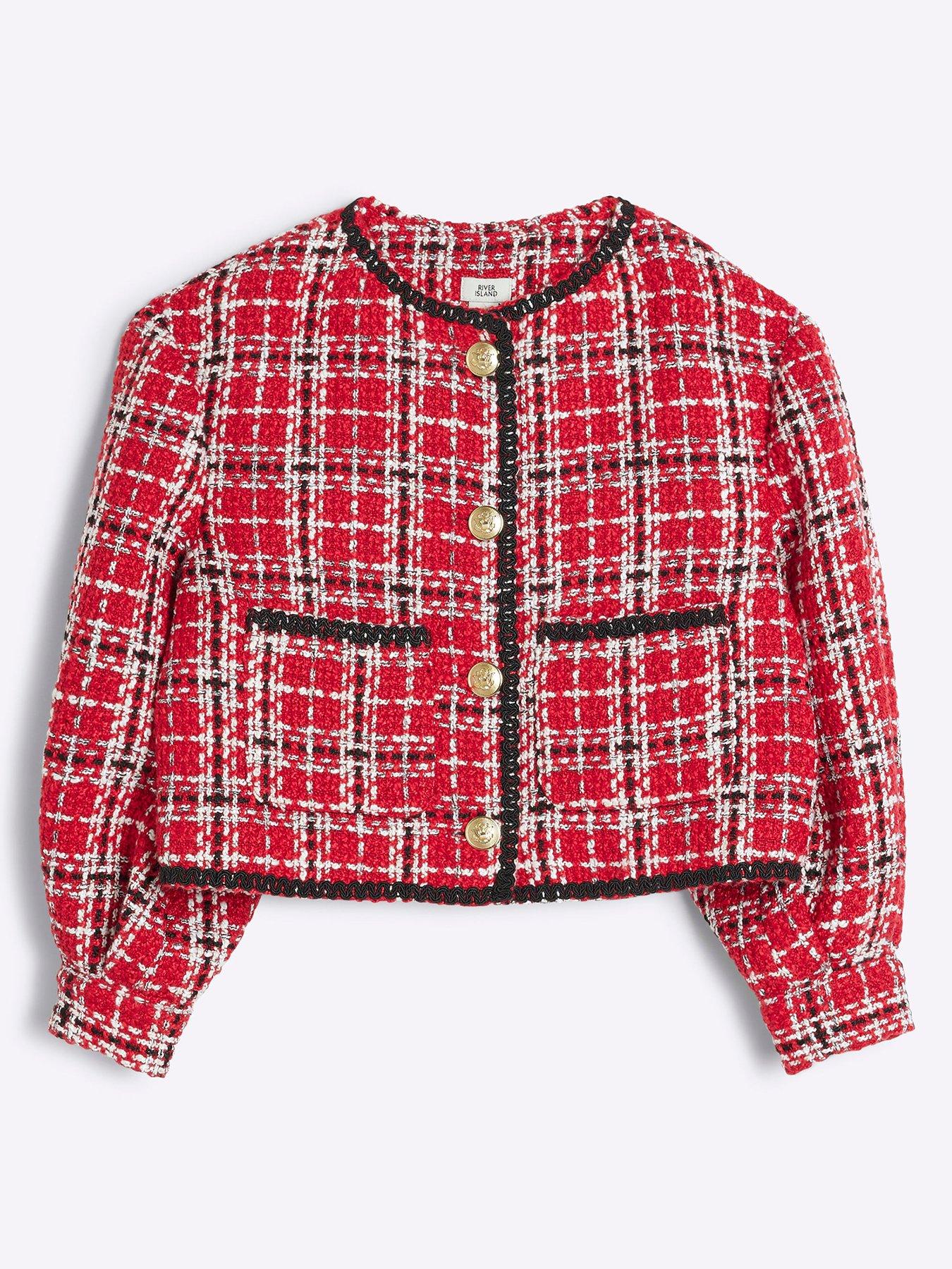 undefined Older Girl Boucle Christmas Check Jacket - Red