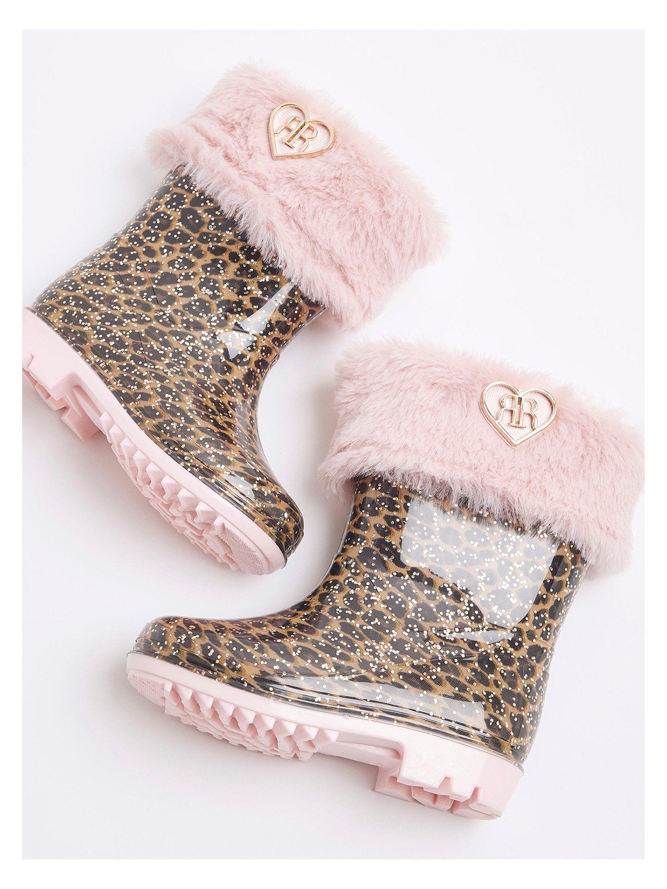 Mini Girl Faux Fur Leopard Wellies Pink
