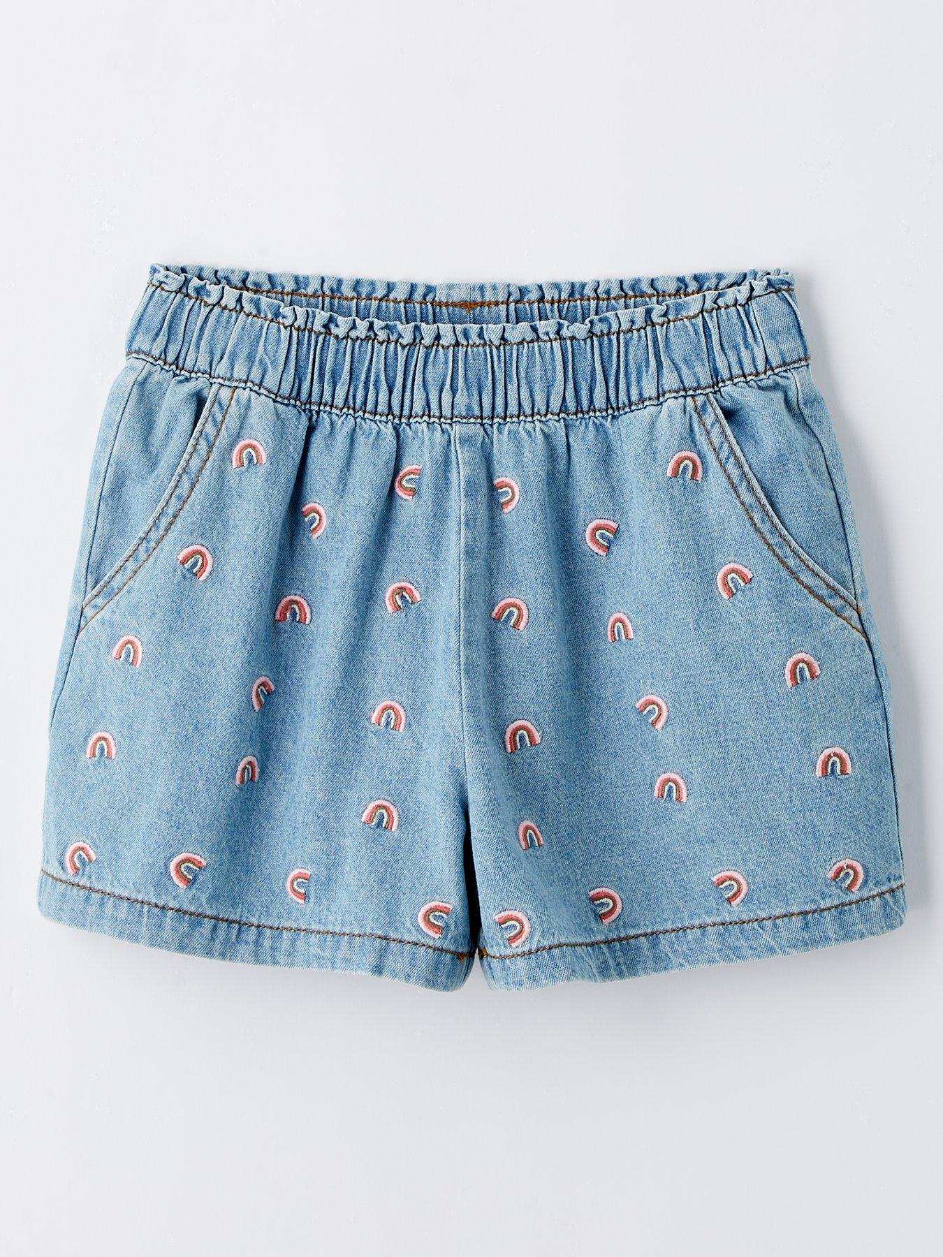 undefined Girls Embroidered Paperbag Denim Shorts - Blue