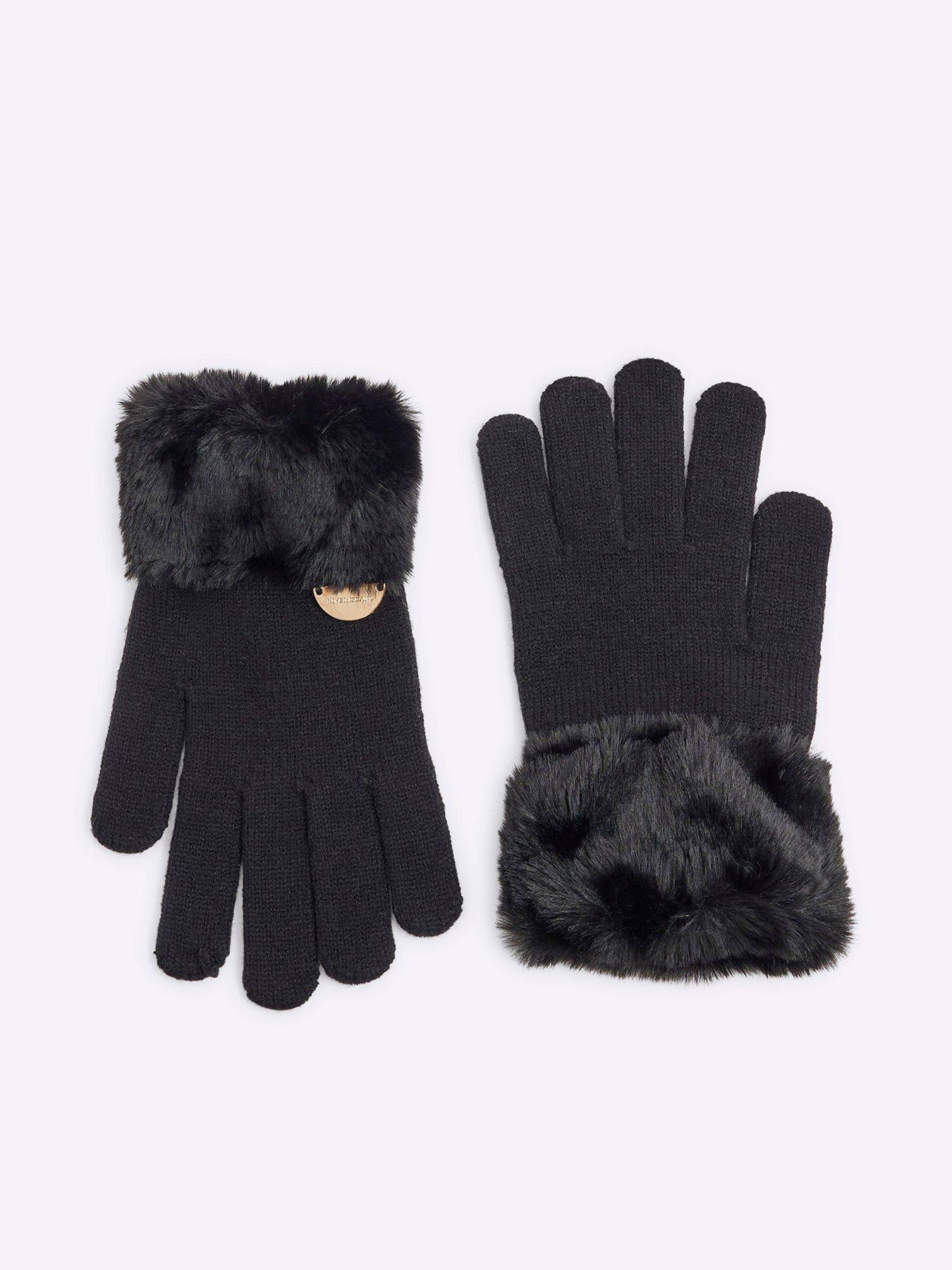 river island older girl knitted faux fur cuff gloves - black