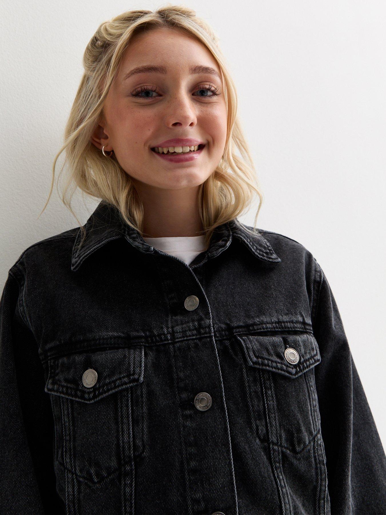 Girls Black Frayed Hem Denim Jacket
