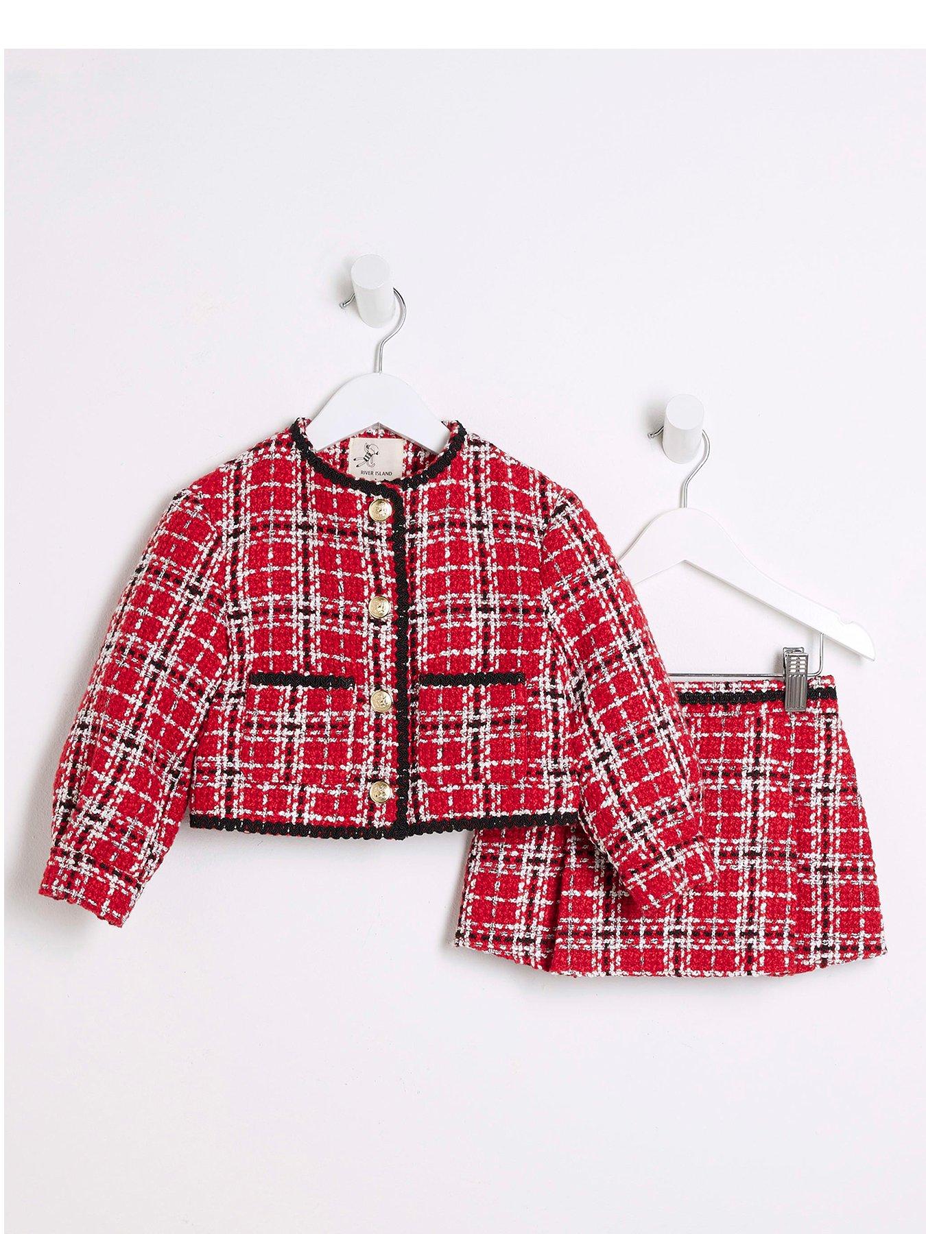 River Island Mini Mini Girl Christmas Check Boucle Jacket Set
