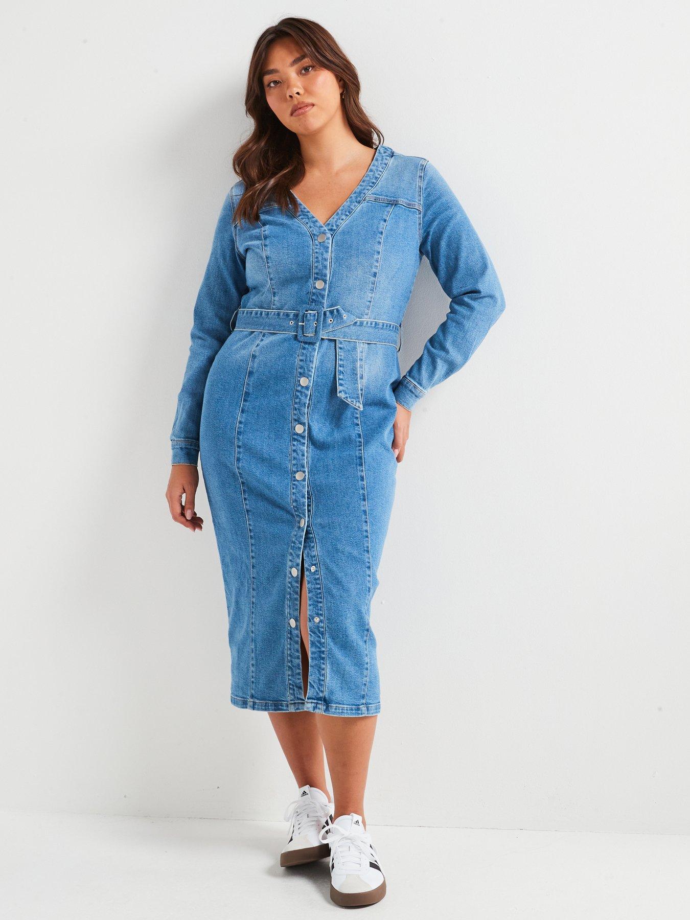 undefined Belted Stretch Denim Dress - Blue