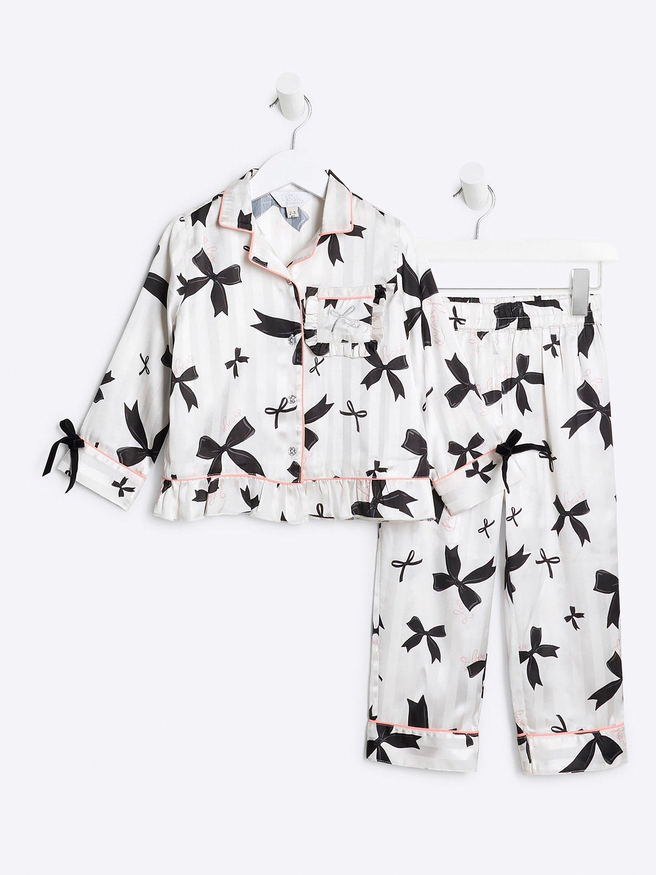 River Island Mini Mini Girls Bow Print Satin Pyjamas Cream Very