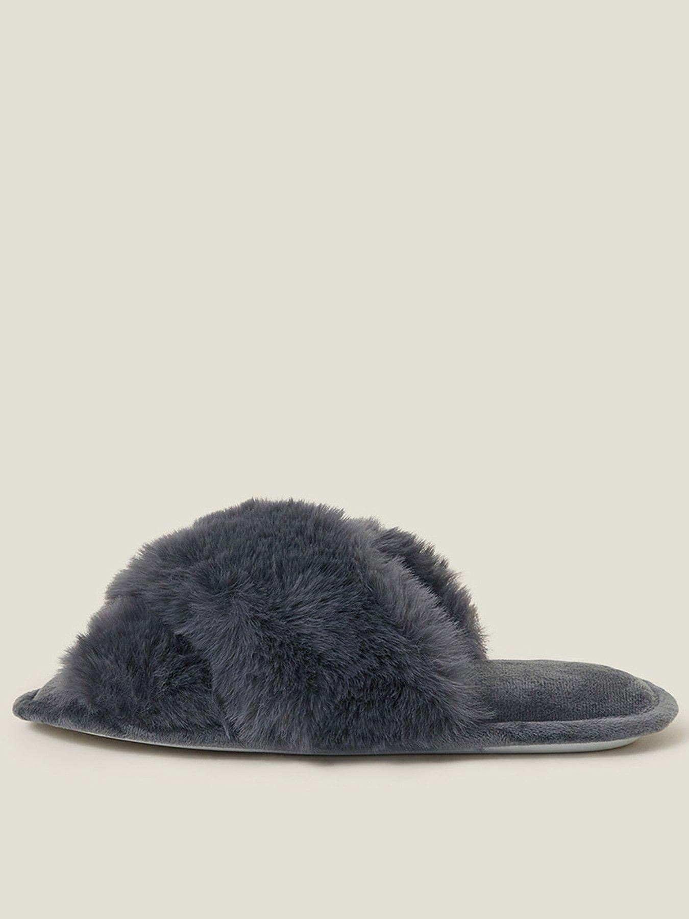 Image 1 of 5 of Accessorize Luxe Cross Strap Faux Fur Mule - Grey