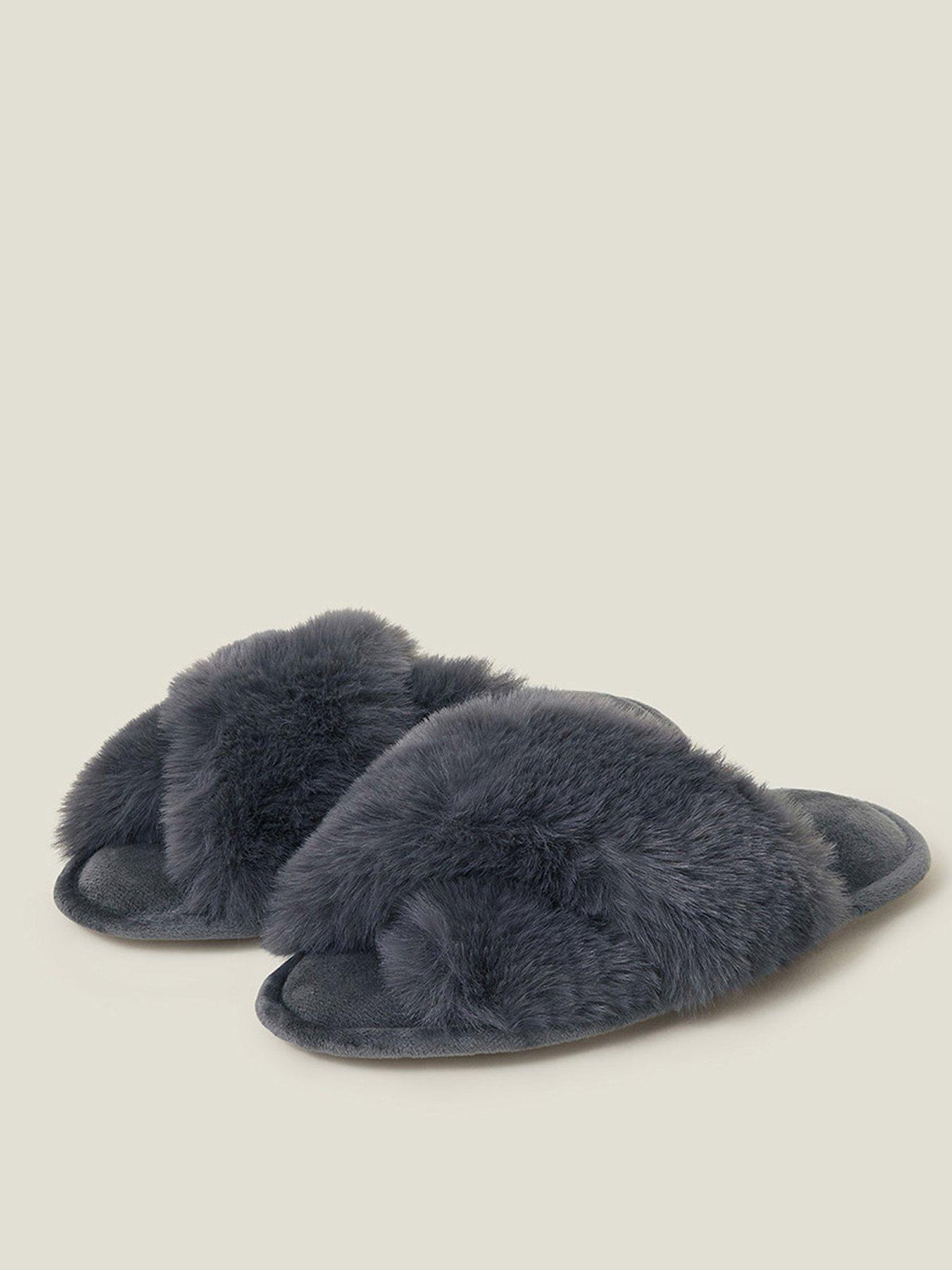 Image 2 of 5 of Accessorize Luxe Cross Strap Faux Fur Mule - Grey