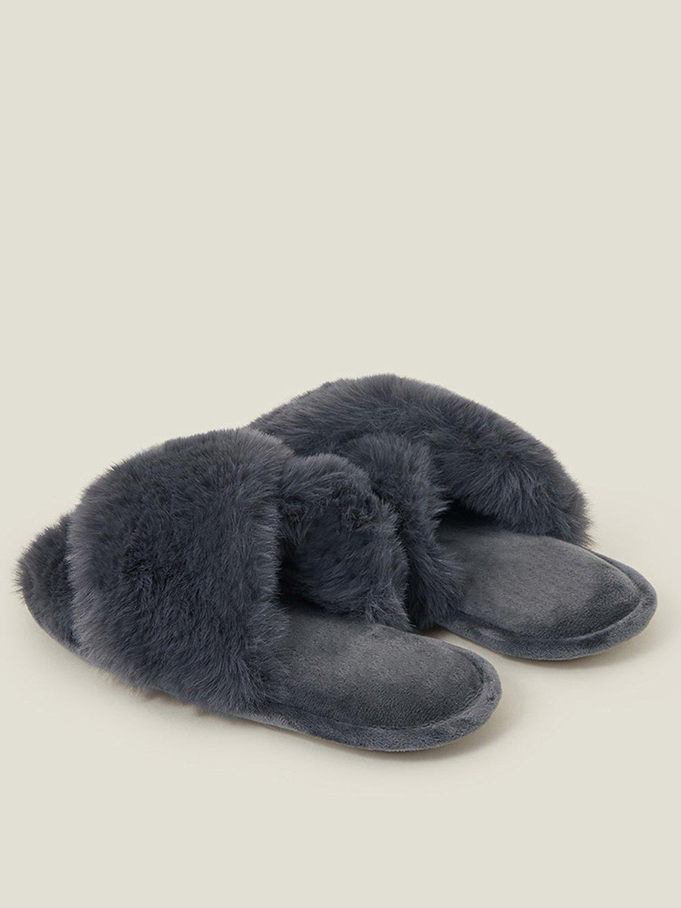 Image 3 of 5 of Accessorize Luxe Cross Strap Faux Fur Mule - Grey