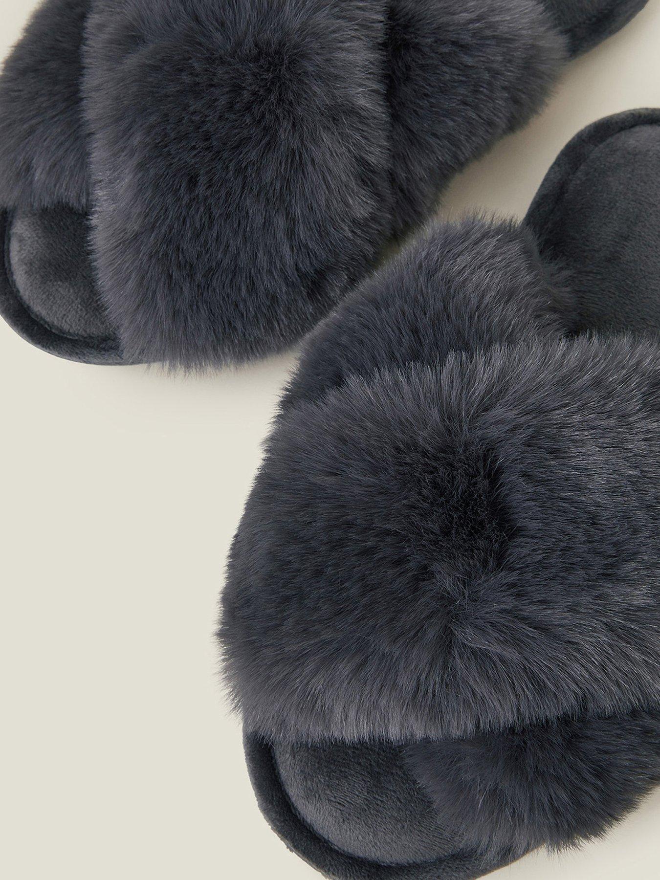 Image 4 of 5 of Accessorize Luxe Cross Strap Faux Fur Mule - Grey
