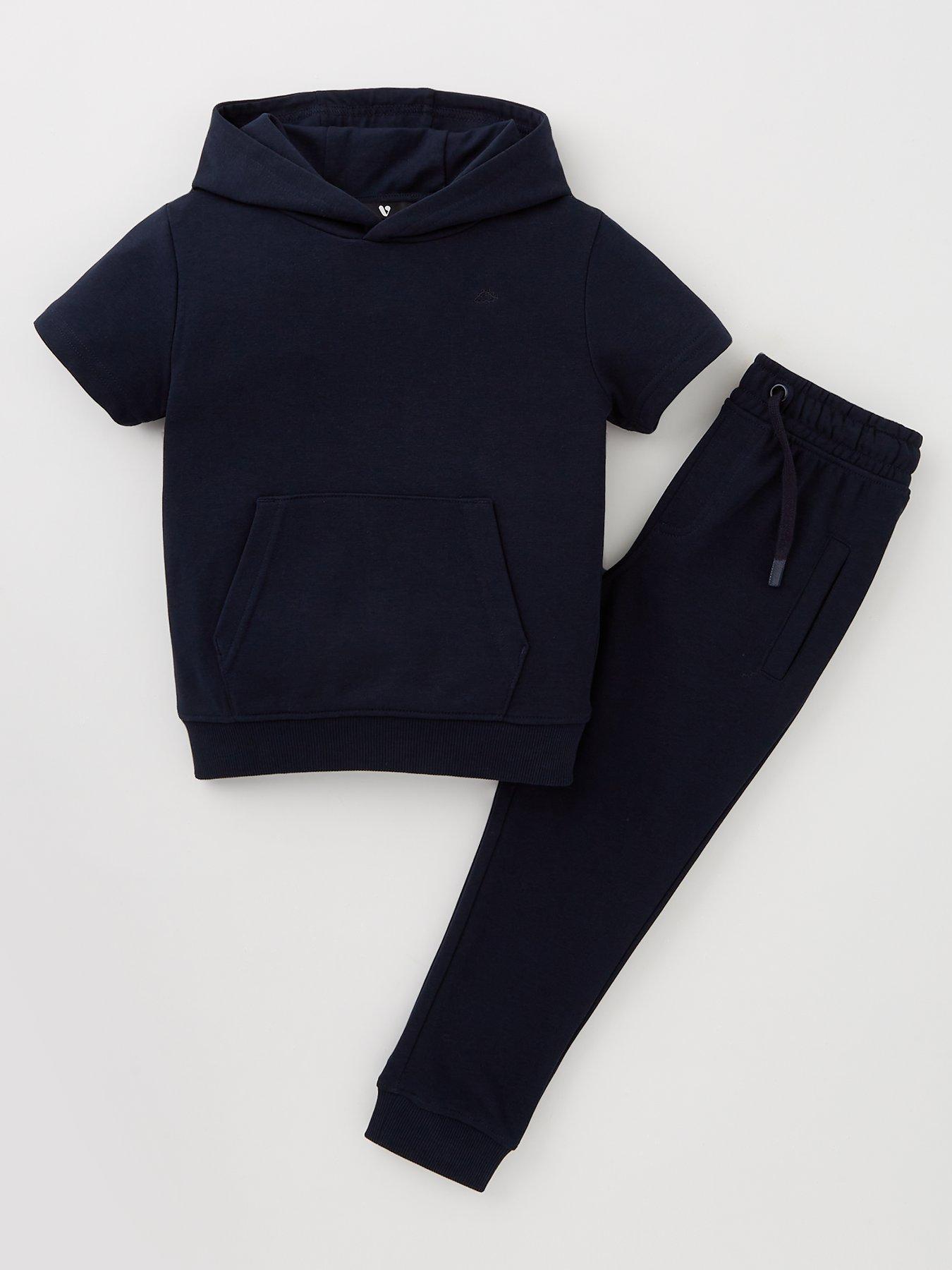 Image 1 of 4 of Mini V by Very Boys Short Sleeve Sweat Hoodie And Jogger Set - Navy