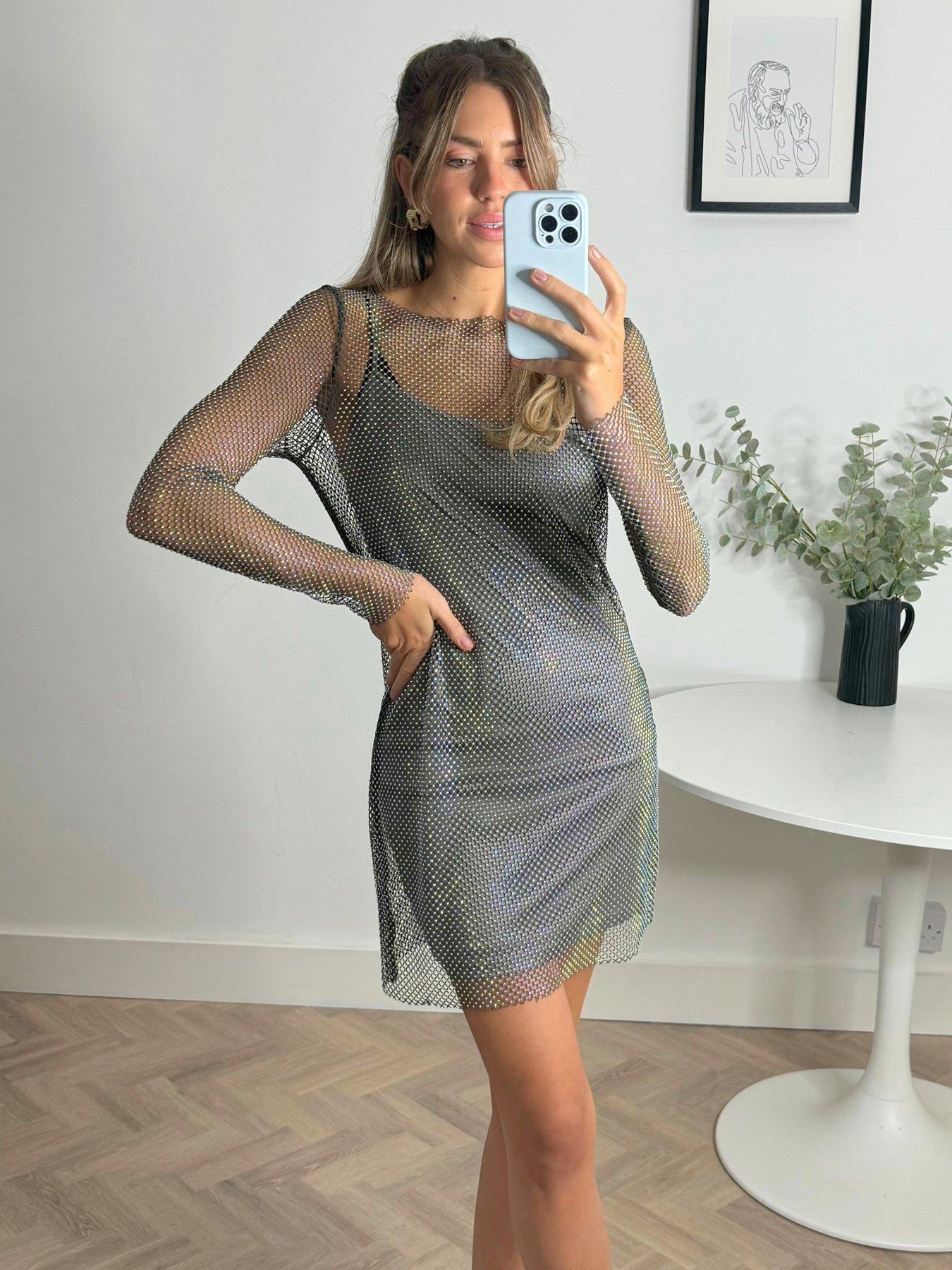 undefined Diamante Embellished Mesh Mini Dress - Silver