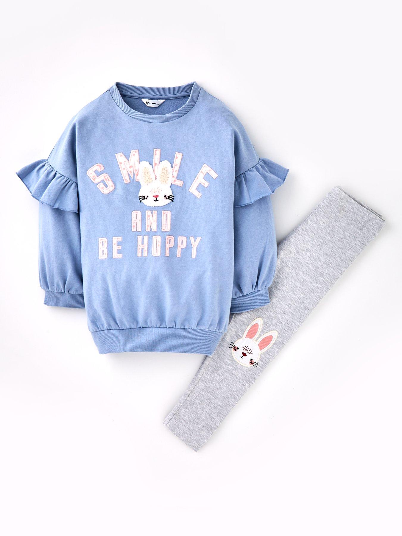 undefined Girls Bunny Smile Frill Shoulder Sweatshirt And Legging Se - Multi