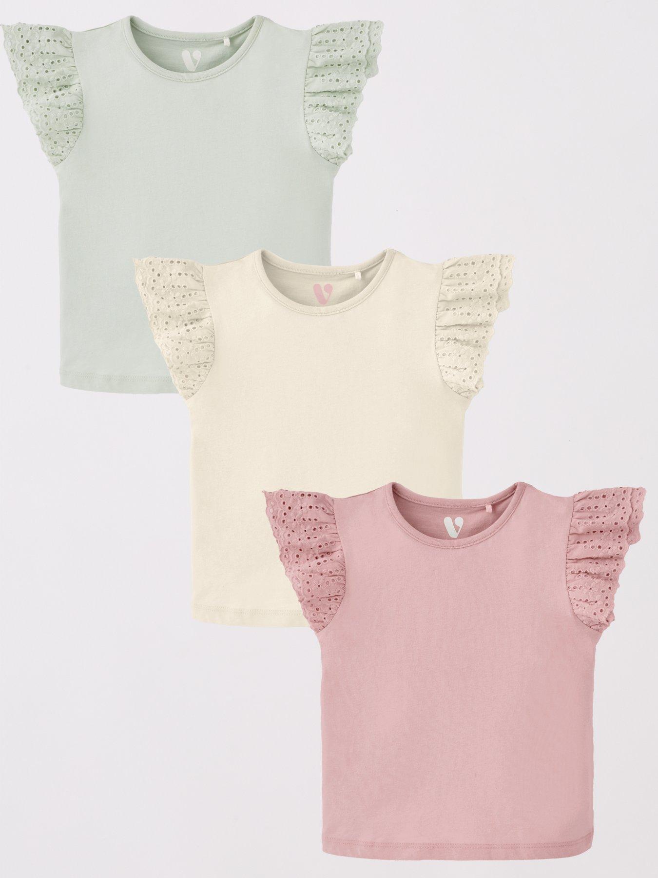 undefined Girls 3 Pack Broderie Frill Sleeve Short Sleeve T-Shirts - Multi