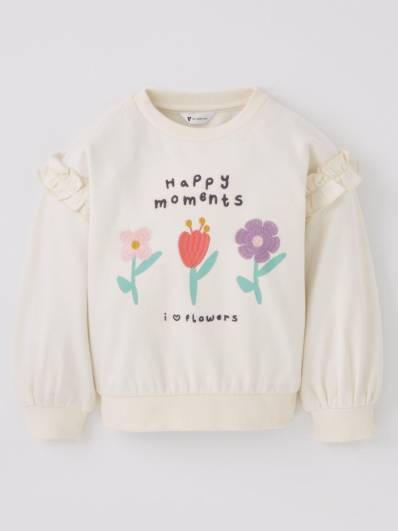 Image 1 of 4 of Mini V by Very Girls Flower Frill Shoulder Sweatshirt - White