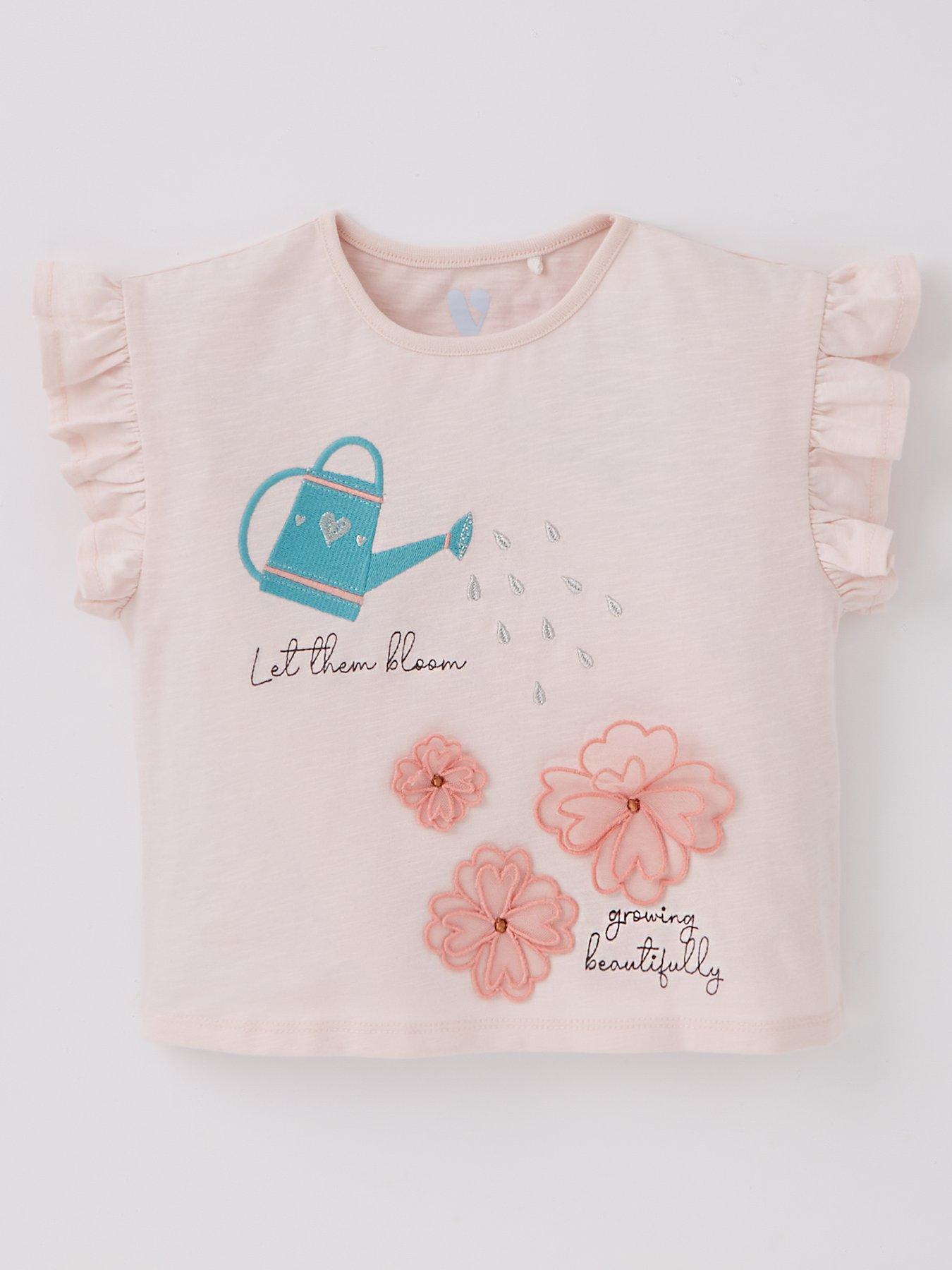 undefined Girls Frill Sleeve Flower T-Shirt - Pink