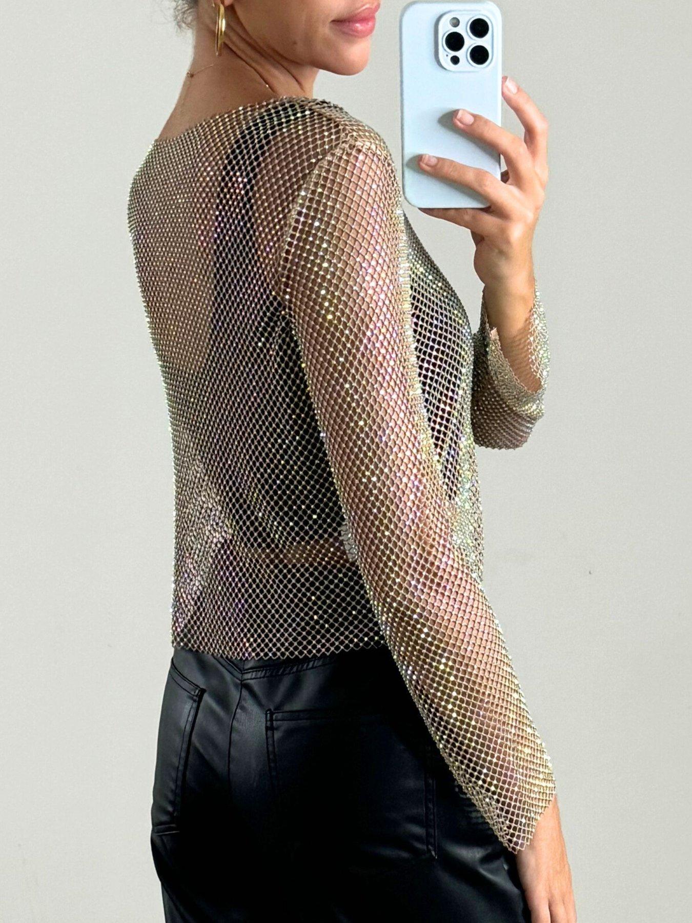 Style Cheat Mesh Rhinestone Top - Gold | Very