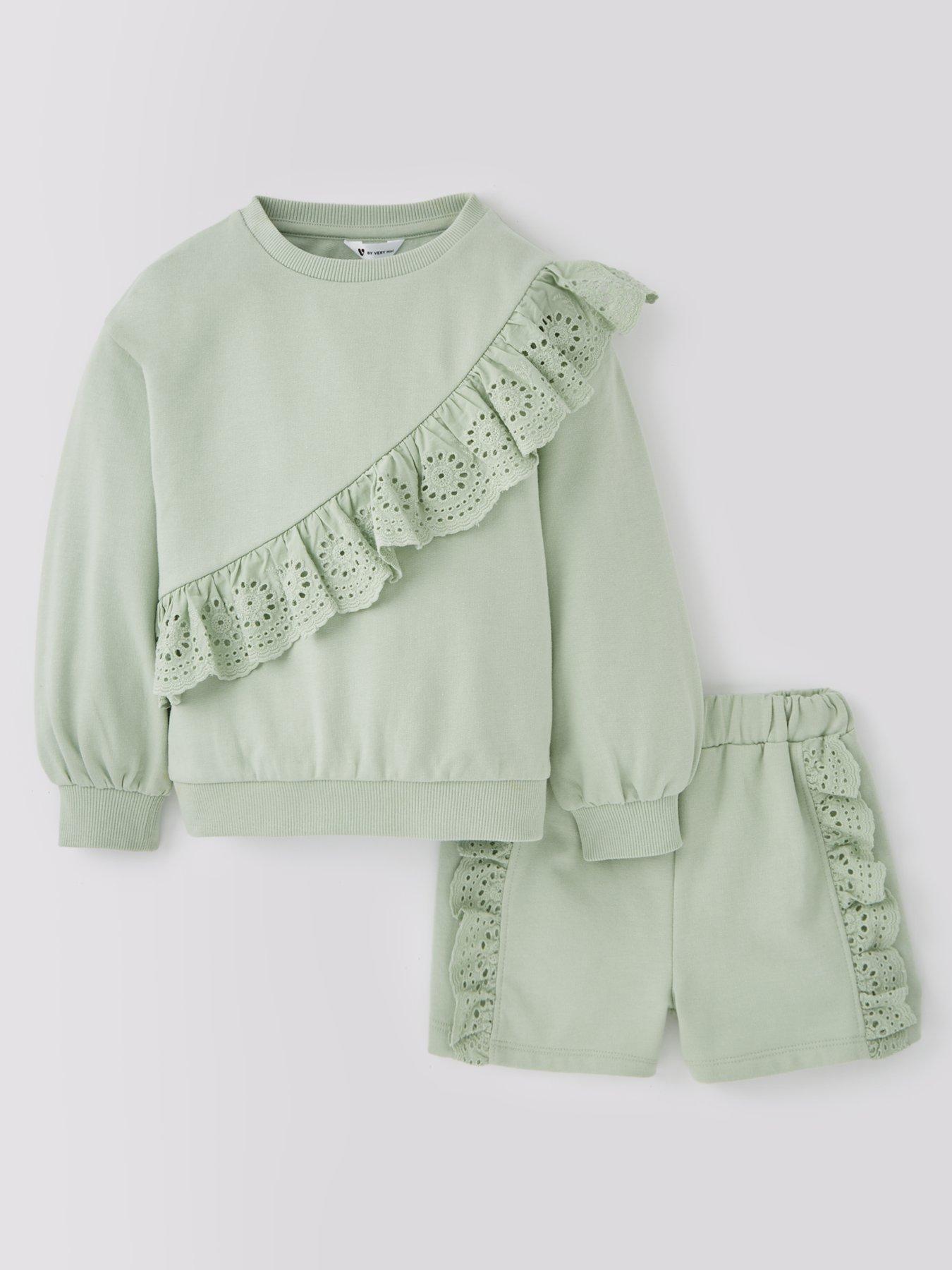 undefined Girls Broderie Frill Sweatshirt And Short Set - Green